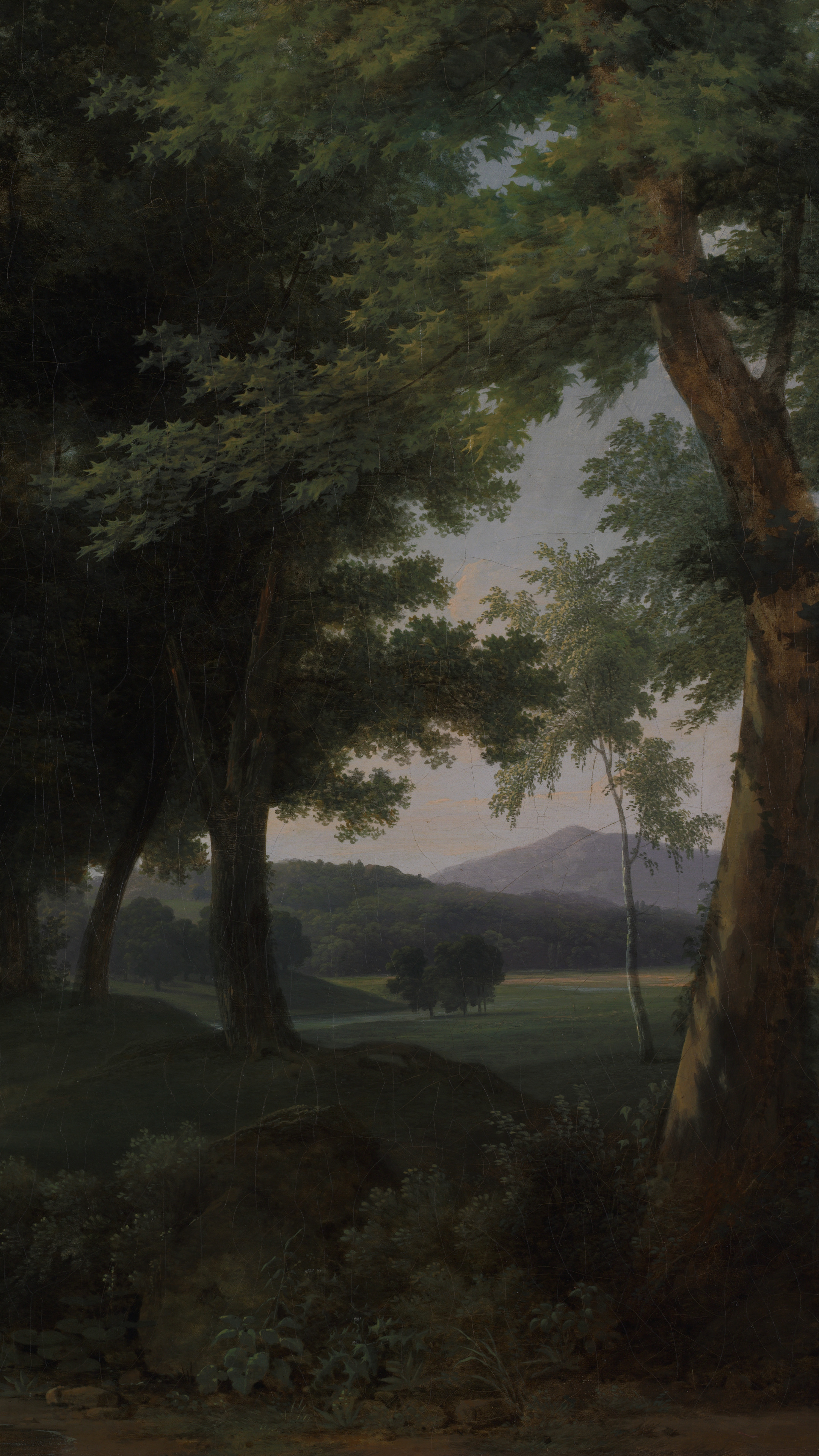 Dark academia vertical iPhone background from a painting: tall trees over a clearing in warm green light with small figures on the grass