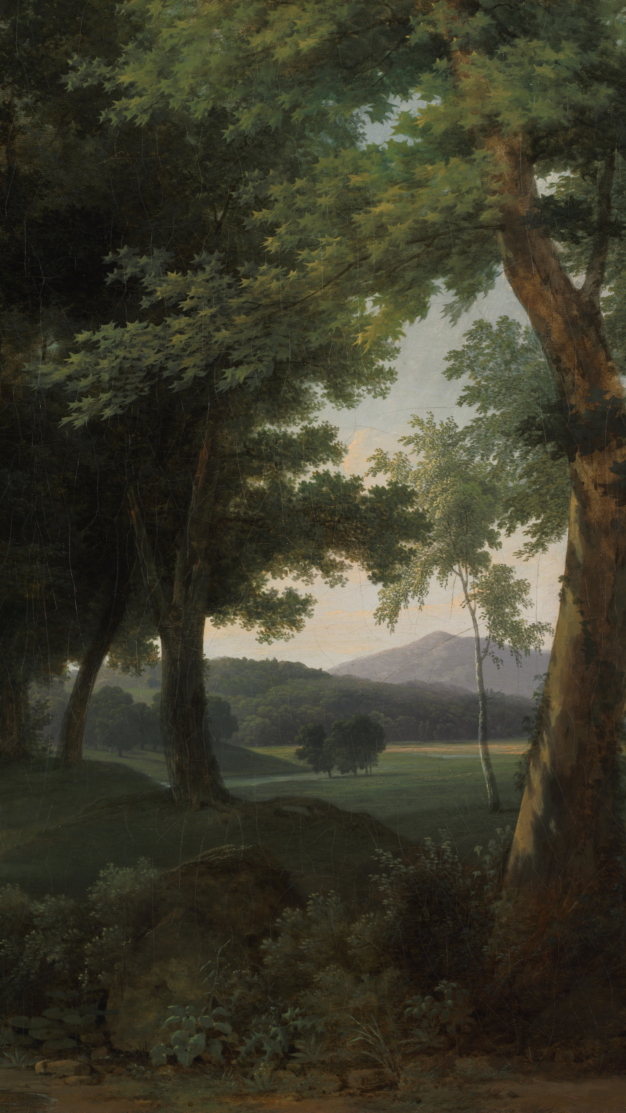 Dark academia vertical iPhone background from a painting: tall trees over a clearing in warm green light with small figures on the grass