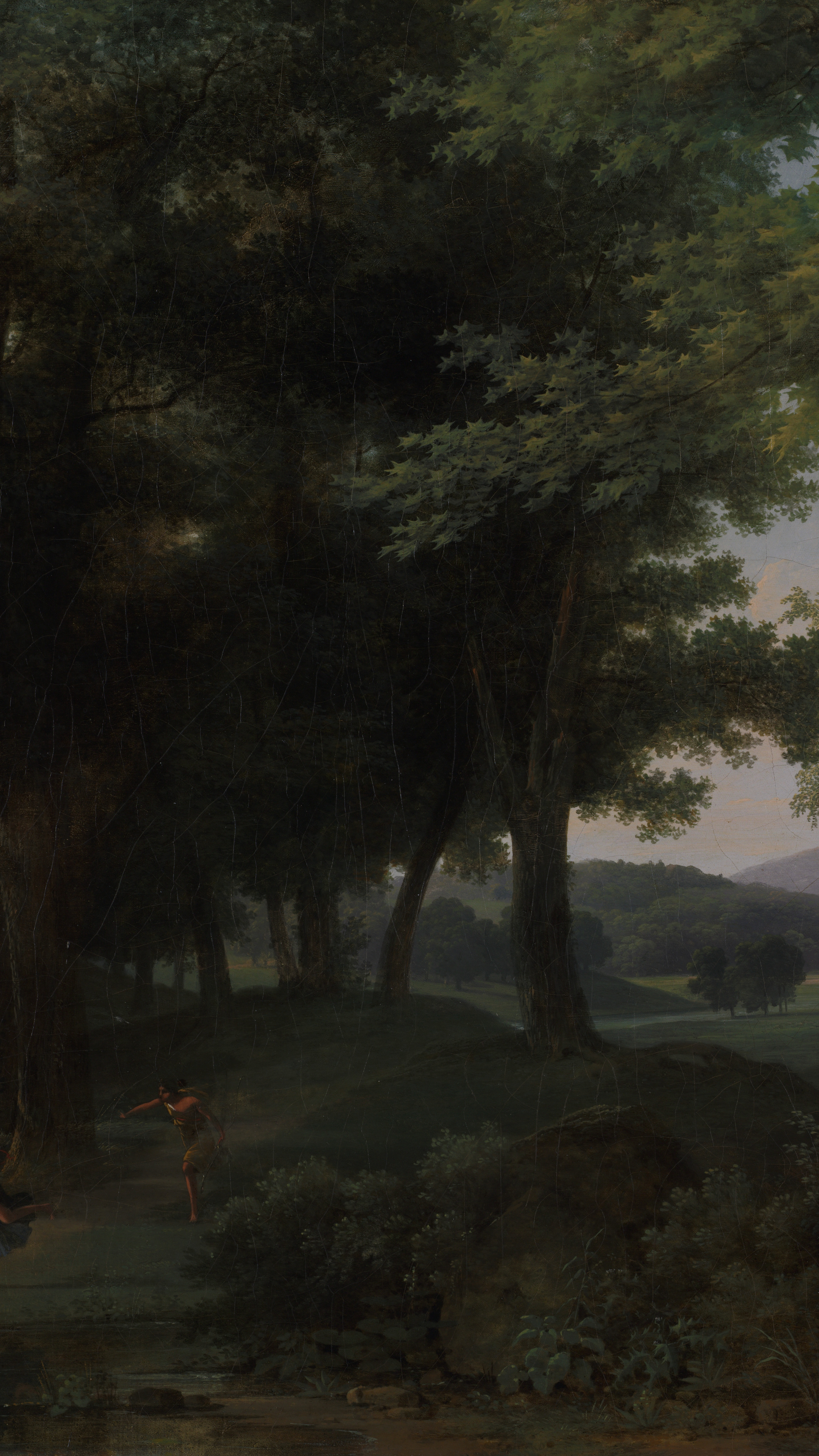 Dark academia vertical iPhone background from a painting: tall trees over a clearing in warm green light with small figures on the grass