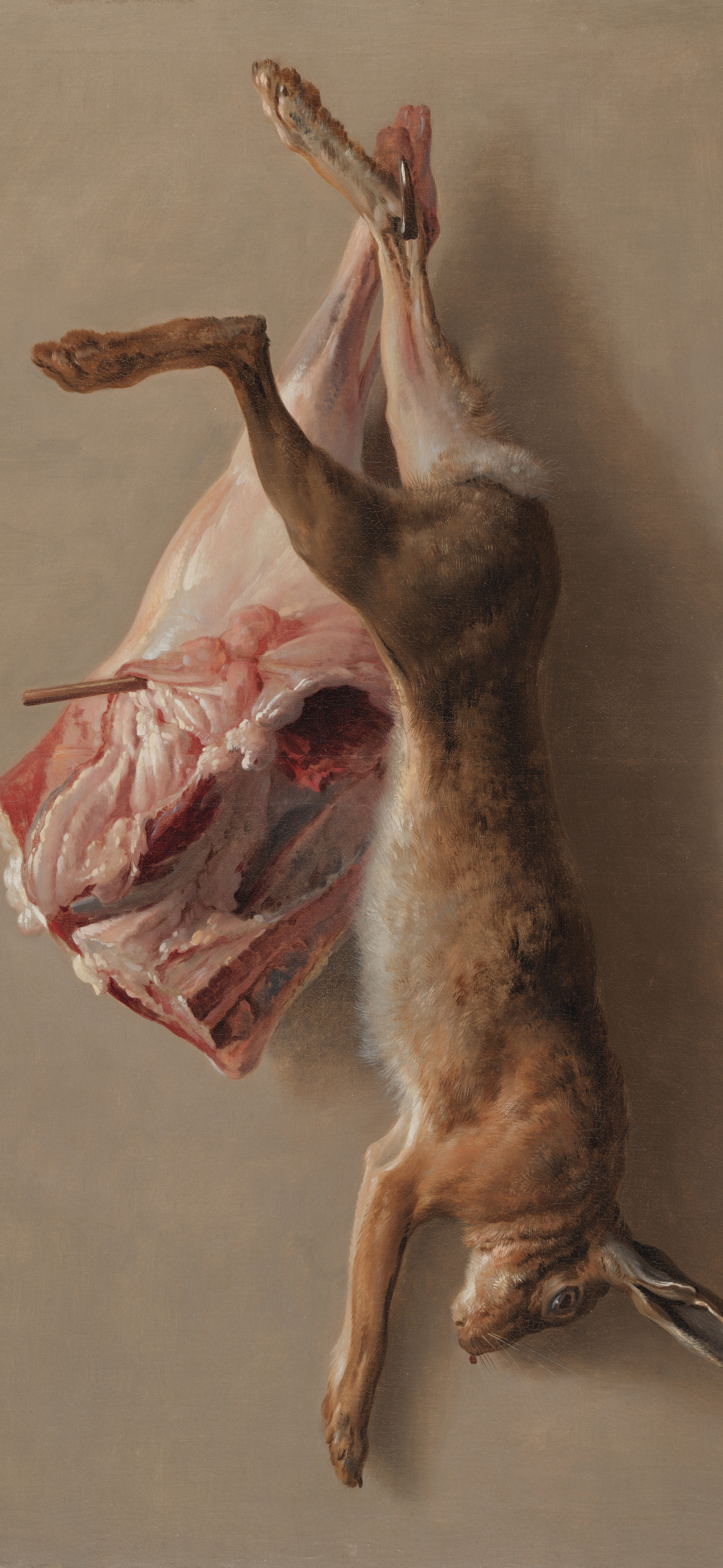 Vertical iPhone background from a painting: a dead hare hanging upside down with belly opened to show pink flesh, painted with hyper-realistic precision against a plain warm grey ground