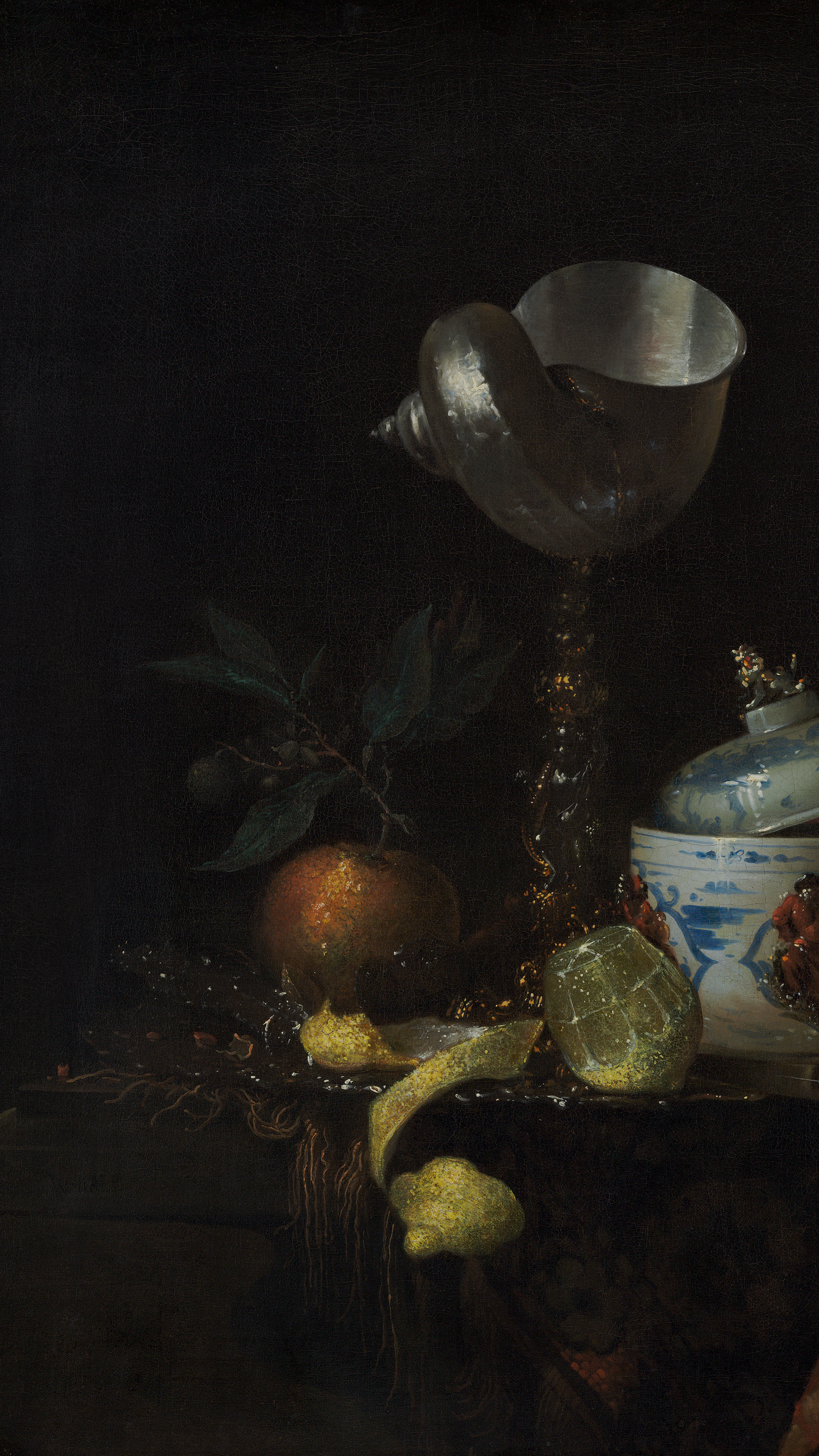 Dark academia vertical iPhone background from a painting: a silver-mounted nautilus cup beside a lidded blue-and-white porcelain jar, a peeled lemon and an orange on a dark table