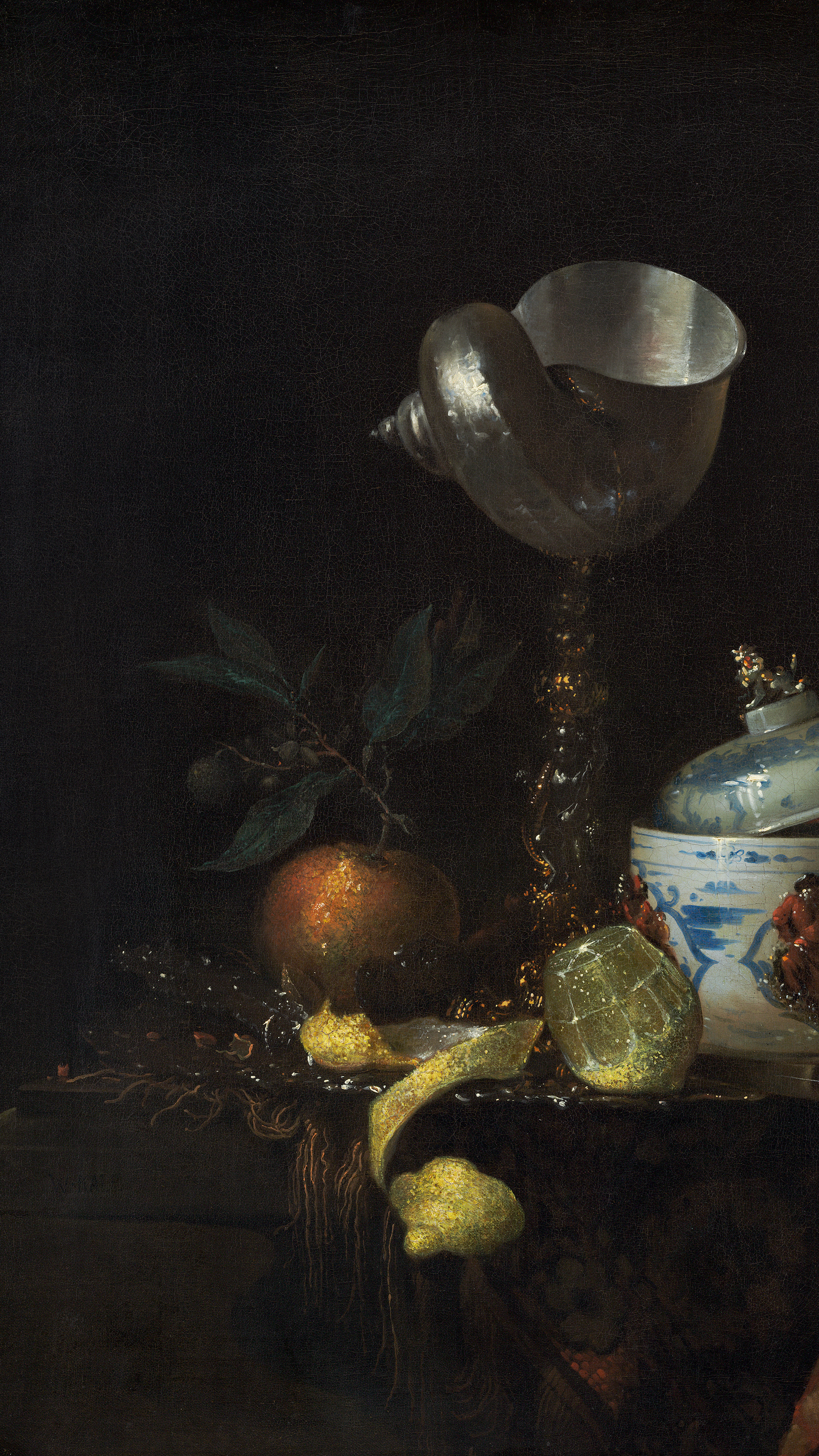 Dark academia vertical iPhone background from a painting: a silver-mounted nautilus cup beside a lidded blue-and-white porcelain jar, a peeled lemon and an orange on a dark table