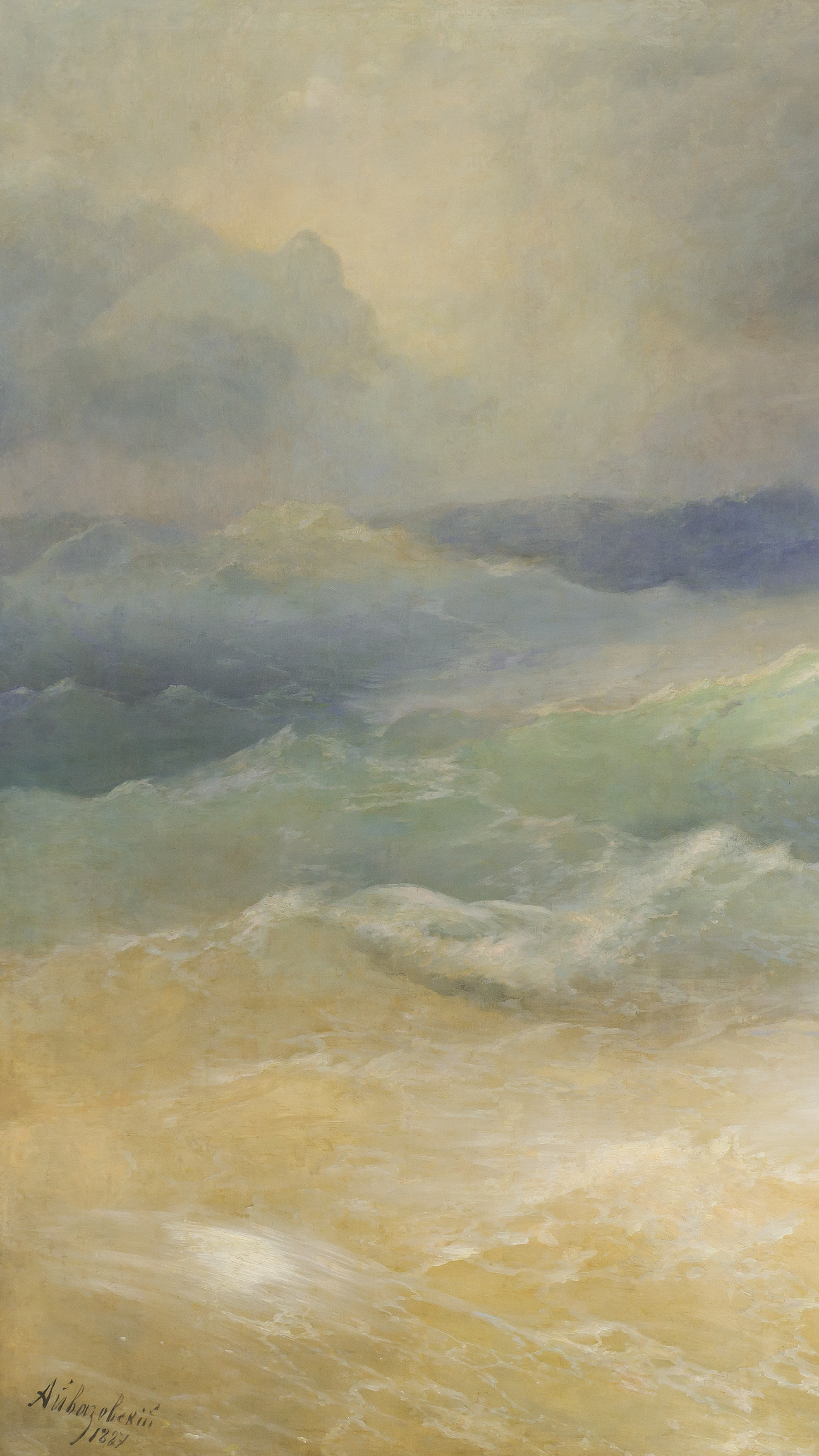 Desktop background from a painting: a small sailboat tilting in golden light amid rolling stormy waves, glowing foam and a dramatic sky