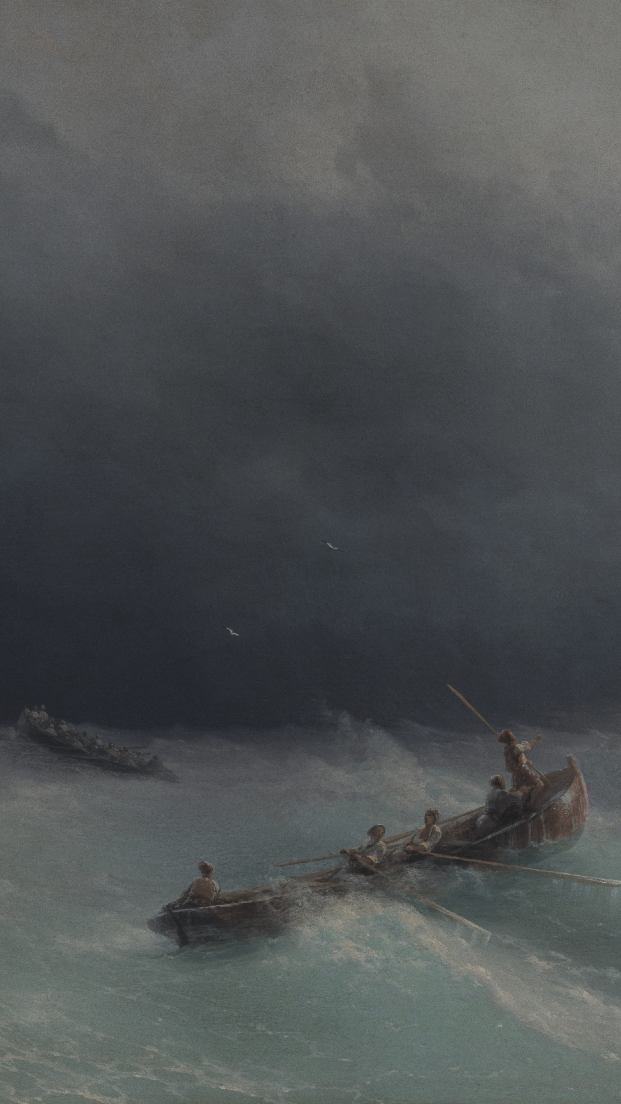 Dark moody desktop background from a painting: two crowded rowboats pulling through pale green storm swell, oars out, a dark hull half lost in spray behind them, heavy grey cloud filling the sky above