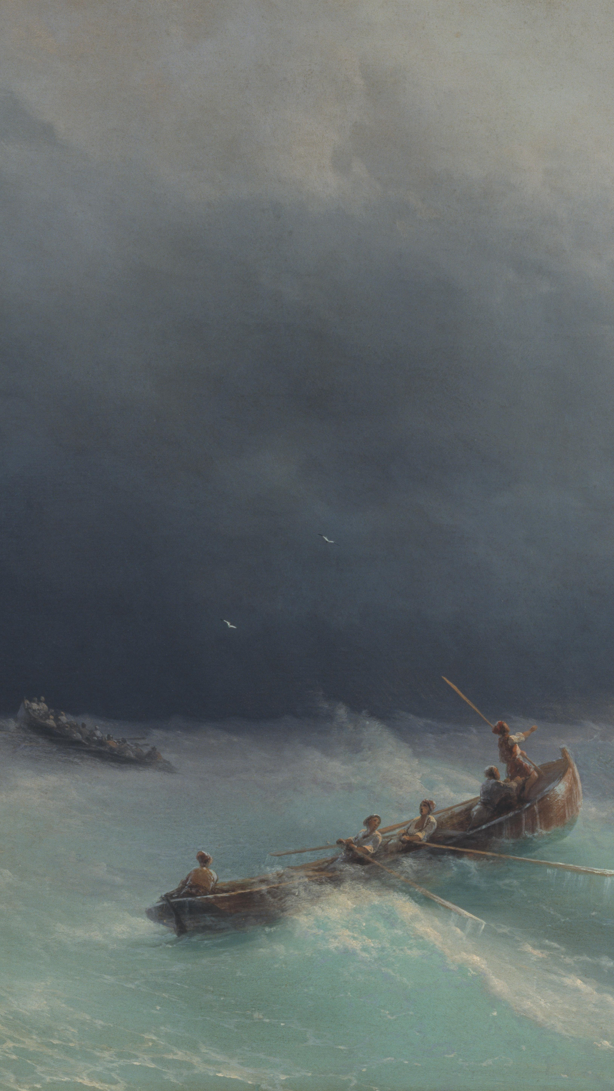 Dark moody desktop background from a painting: two crowded rowboats pulling through pale green storm swell, oars out, a dark hull half lost in spray behind them, heavy grey cloud filling the sky above