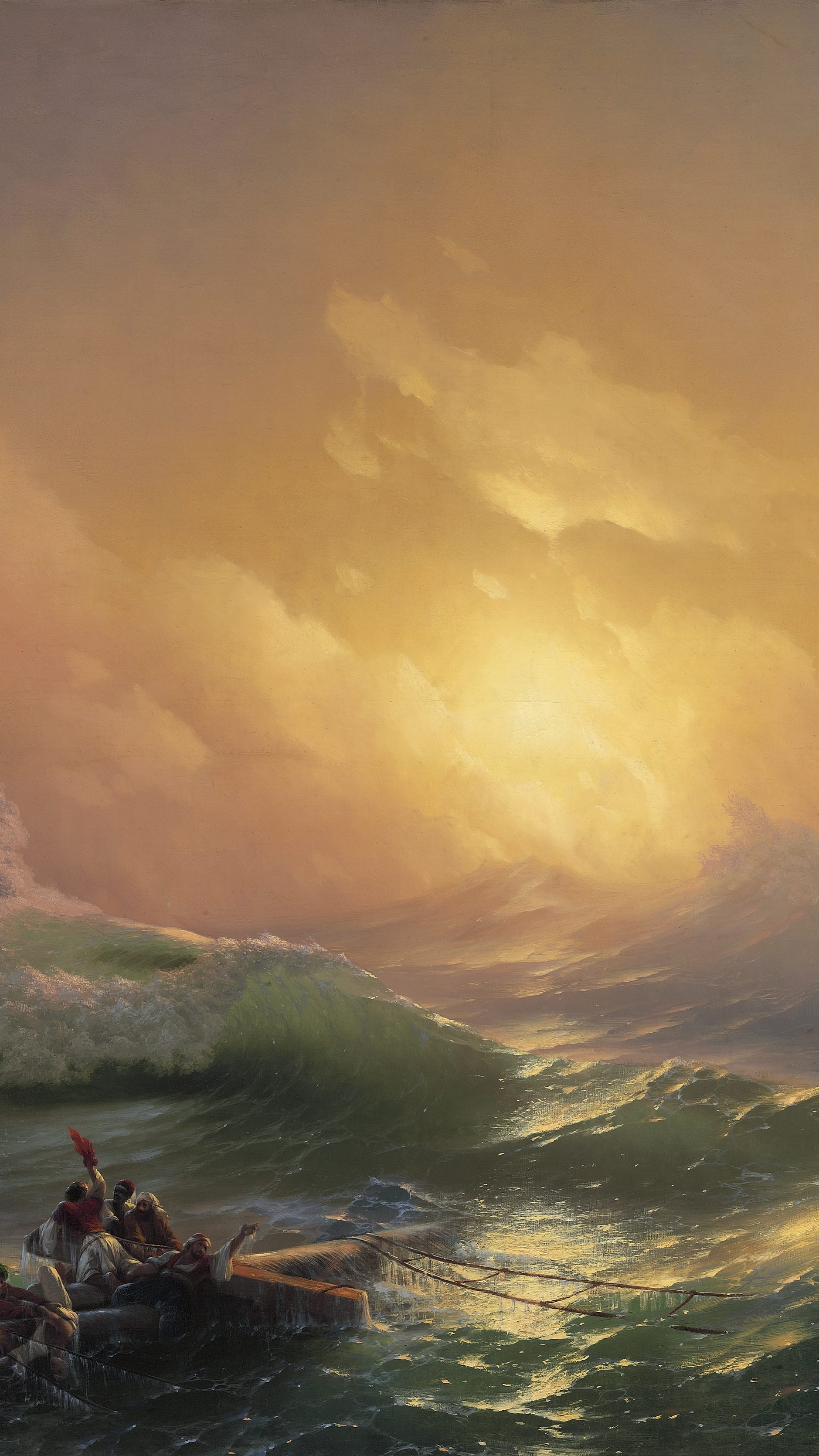 Desktop background from a painting: shipwreck survivors clinging to a floating mast amid towering green waves, golden sunrise light breaking through the clearing storm