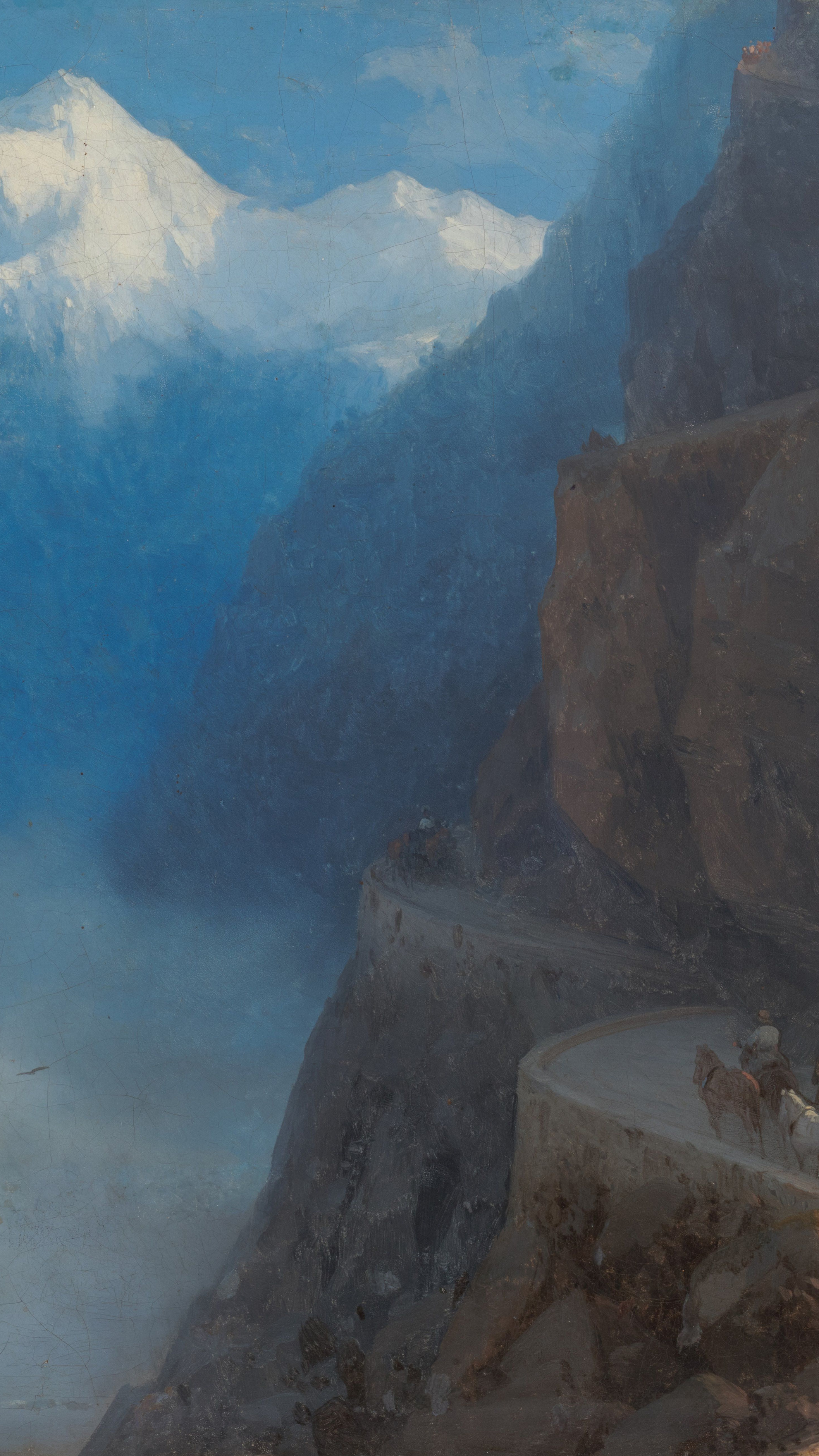 Dark moody desktop background from a painting: a road cut into a sheer cliff high above a hazy blue gorge, a lone rider with a packhorse on the bend, snow-covered Caucasus peaks rising beyond