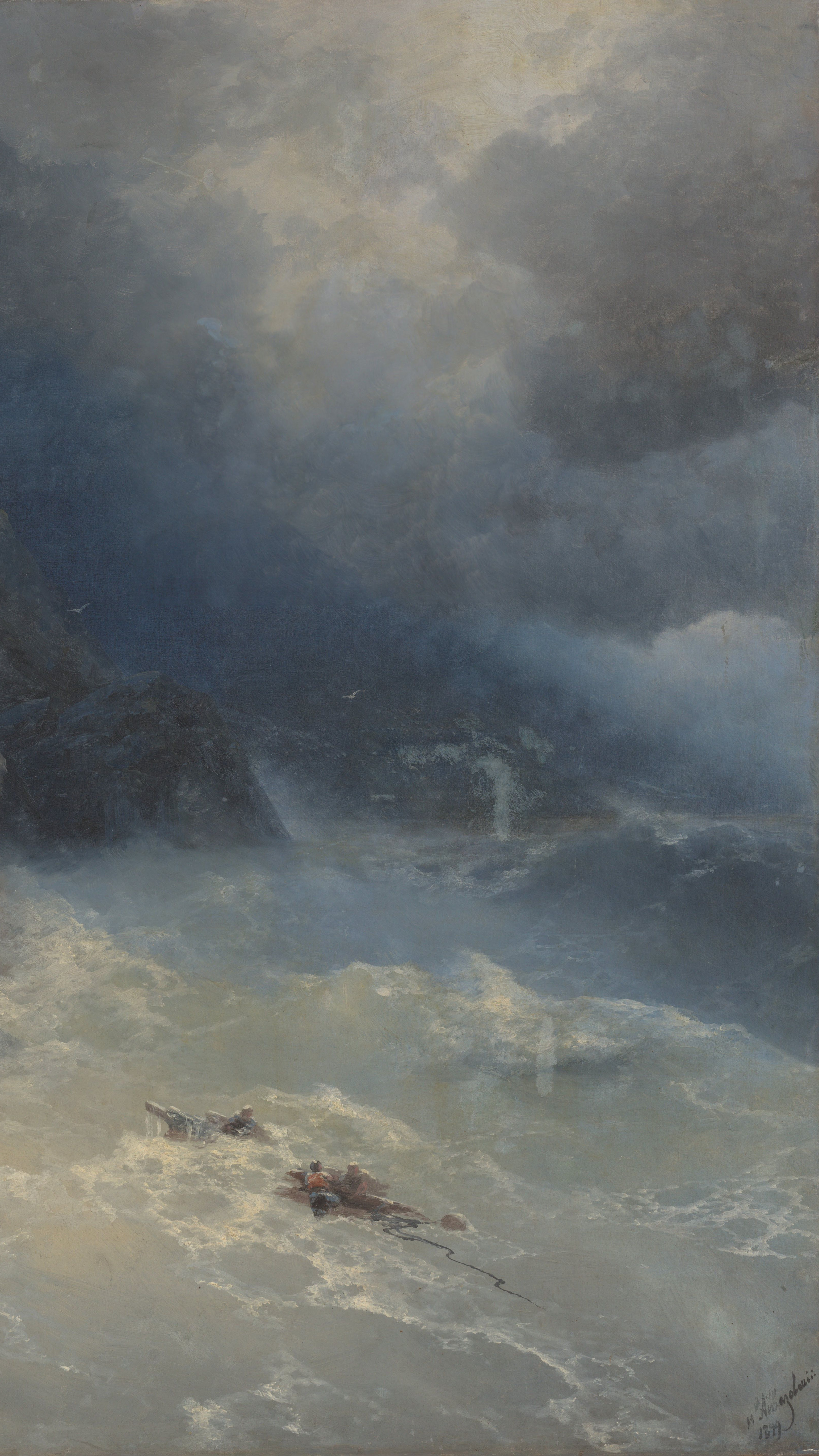 Vertical iPhone background from a painting: a small boat tossed by a huge wave beneath a rocky cliff, two figures watching from the clifftop, a shaft of light breaking through storm clouds