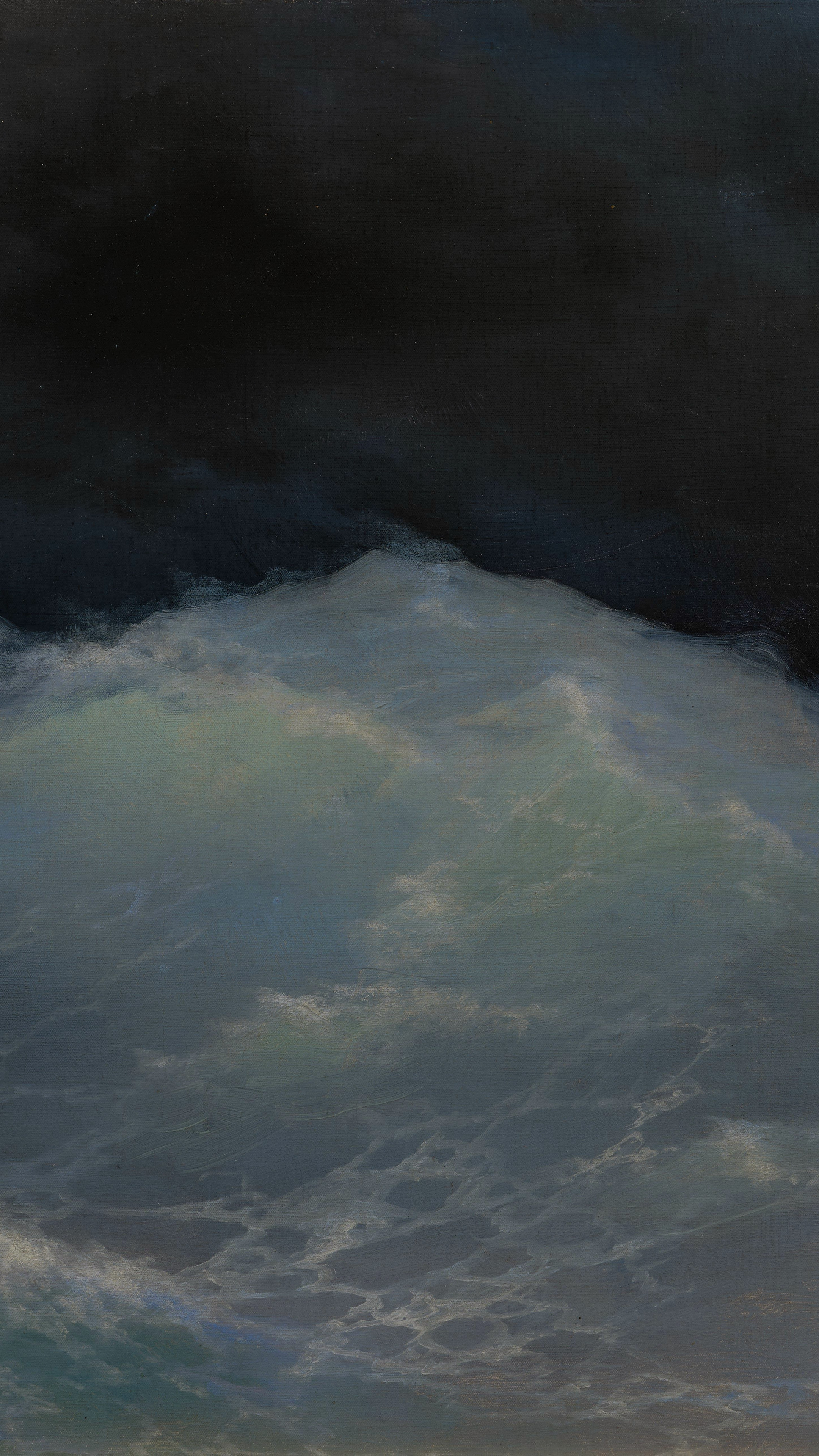 Dark moody desktop background from a painting: a steep dark green wave cresting against a stormy sky, a broken mast tilting at the right edge of the water