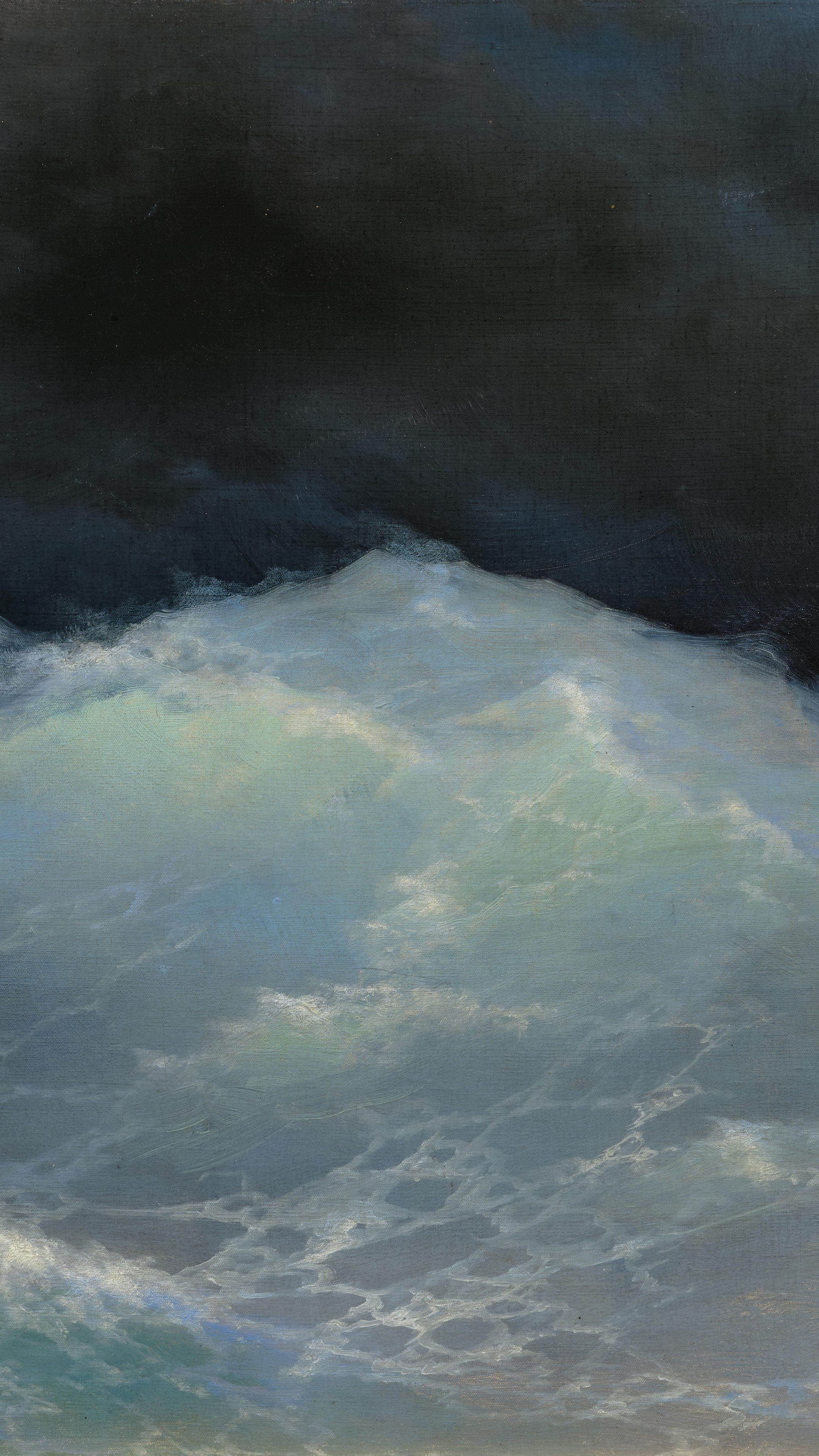Dark moody desktop background from a painting: a steep dark green wave cresting against a stormy sky, a broken mast tilting at the right edge of the water
