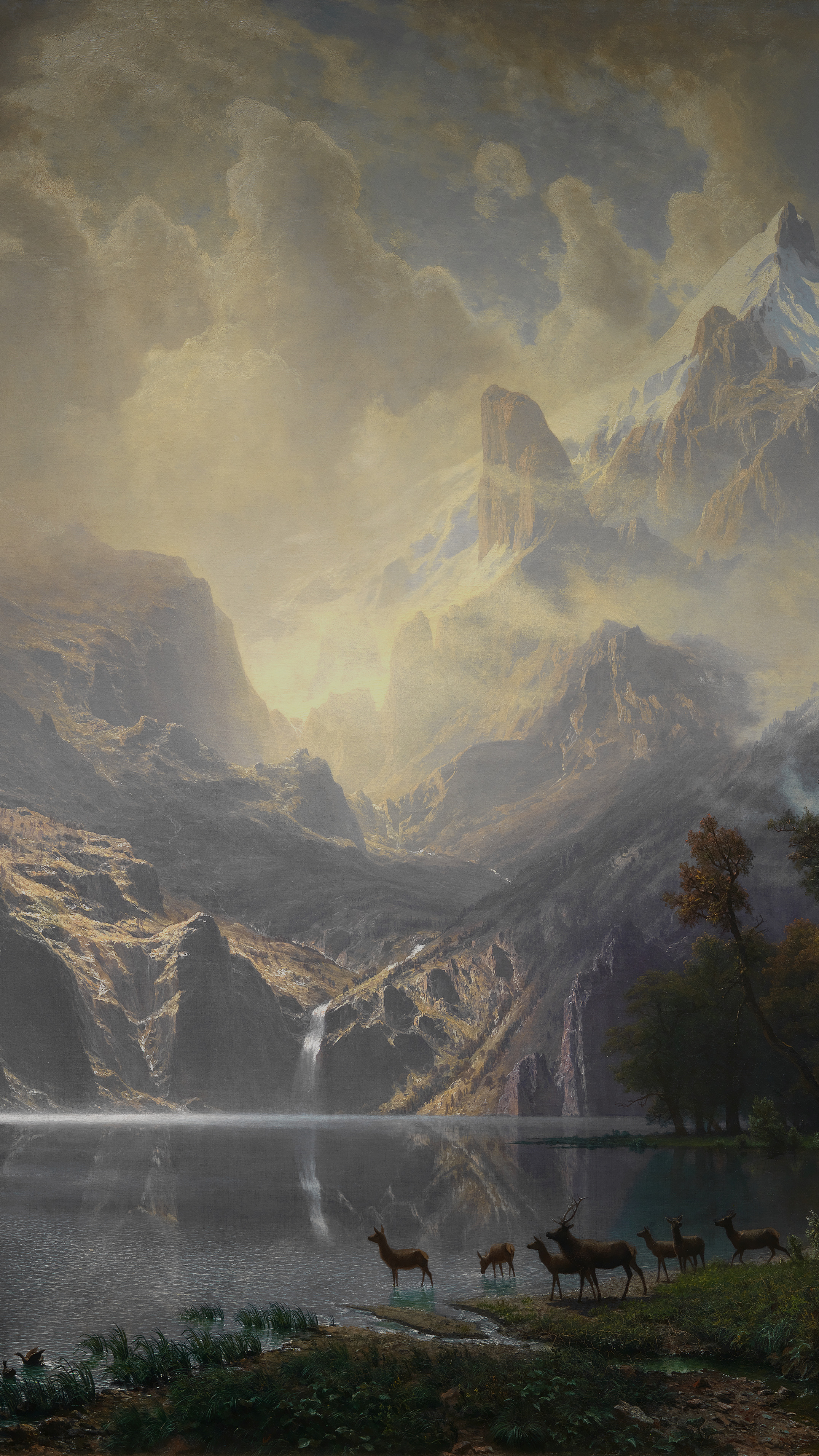 Vertical iPhone background from a painting: sunlight breaking over a mountain lake with deer at the shore and a waterfall on the cliff behind