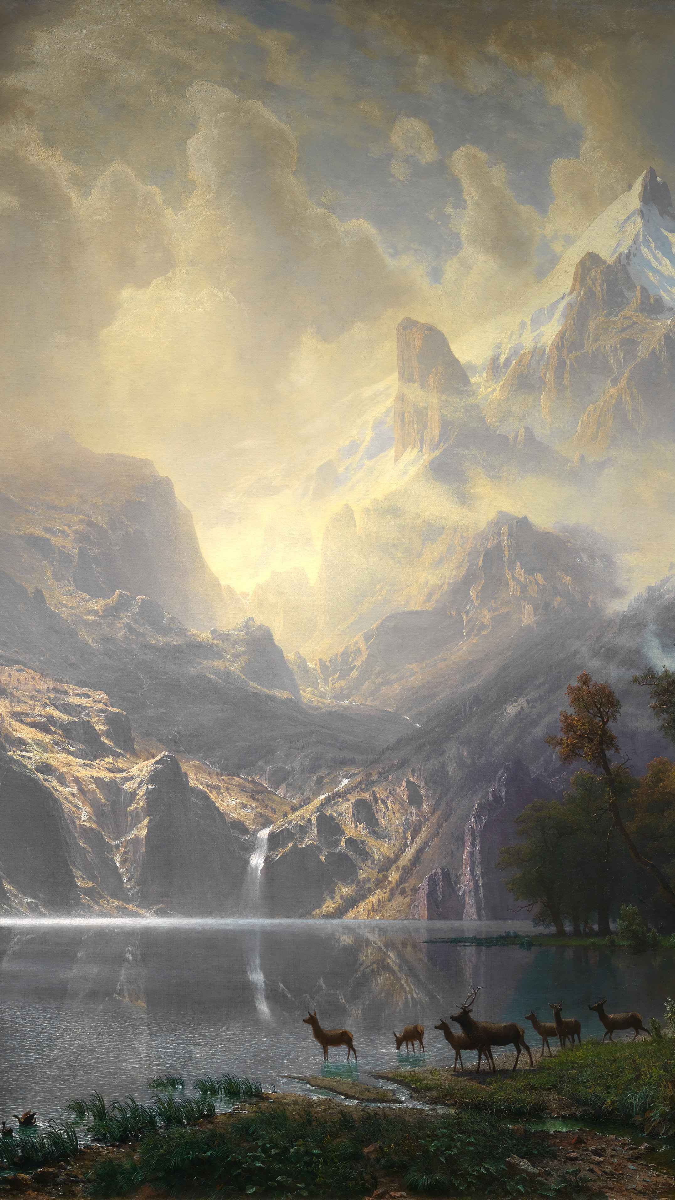 Vertical iPhone background from a painting: sunlight breaking over a mountain lake with deer at the shore and a waterfall on the cliff behind