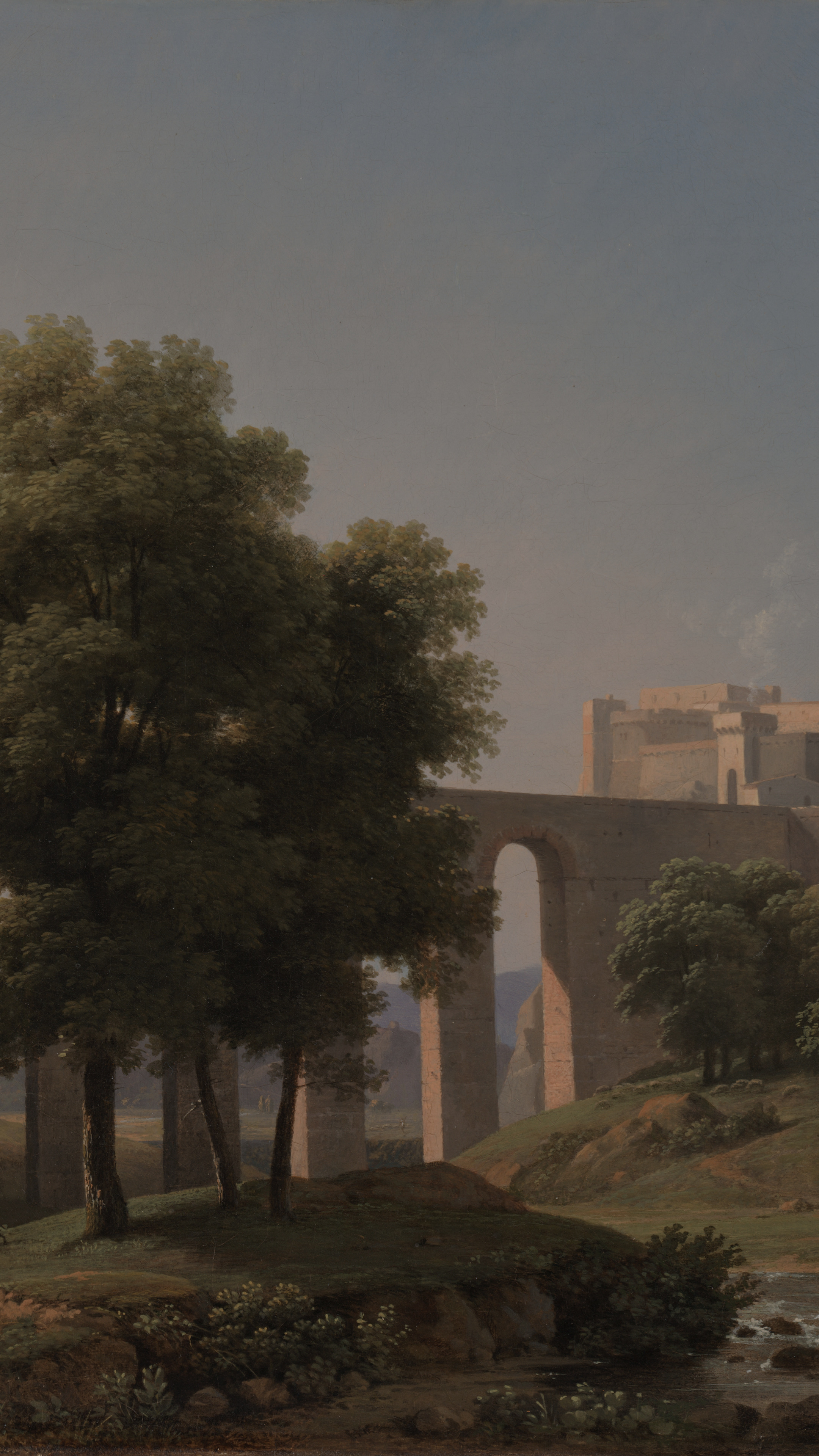 Dark academia vertical iPhone background from a painting: Roman stone aqueduct with arched spans, large green trees beside it, a square fortress above, shepherd with sheep near a shallow stream