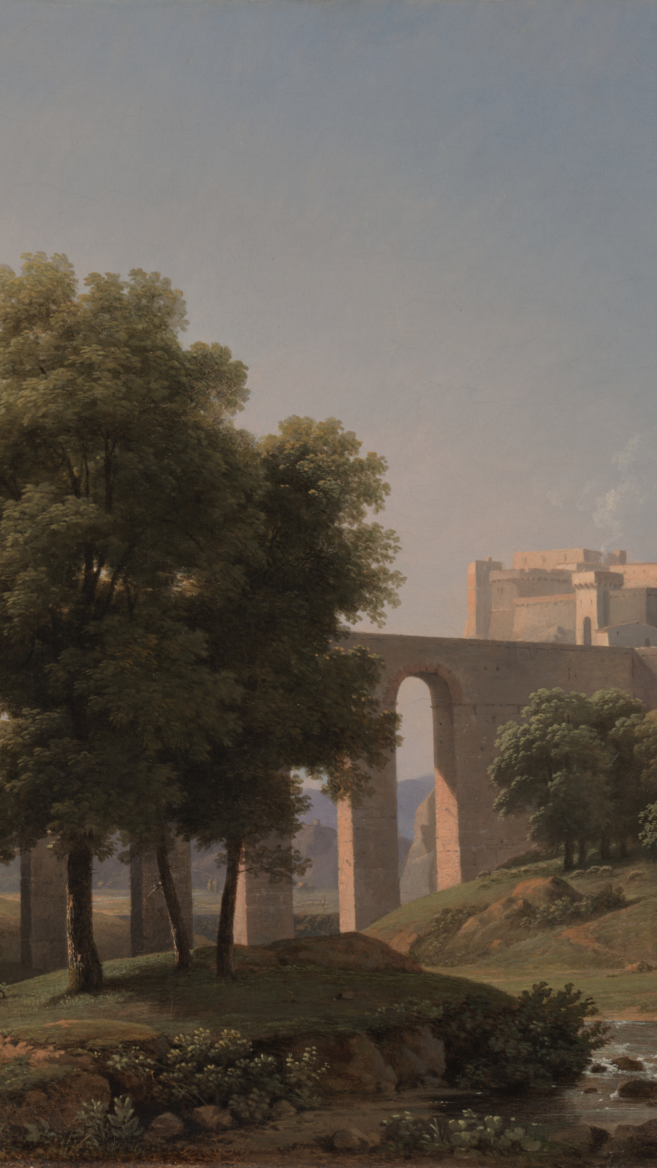 Dark academia vertical iPhone background from a painting: Roman stone aqueduct with arched spans, large green trees beside it, a square fortress above, shepherd with sheep near a shallow stream