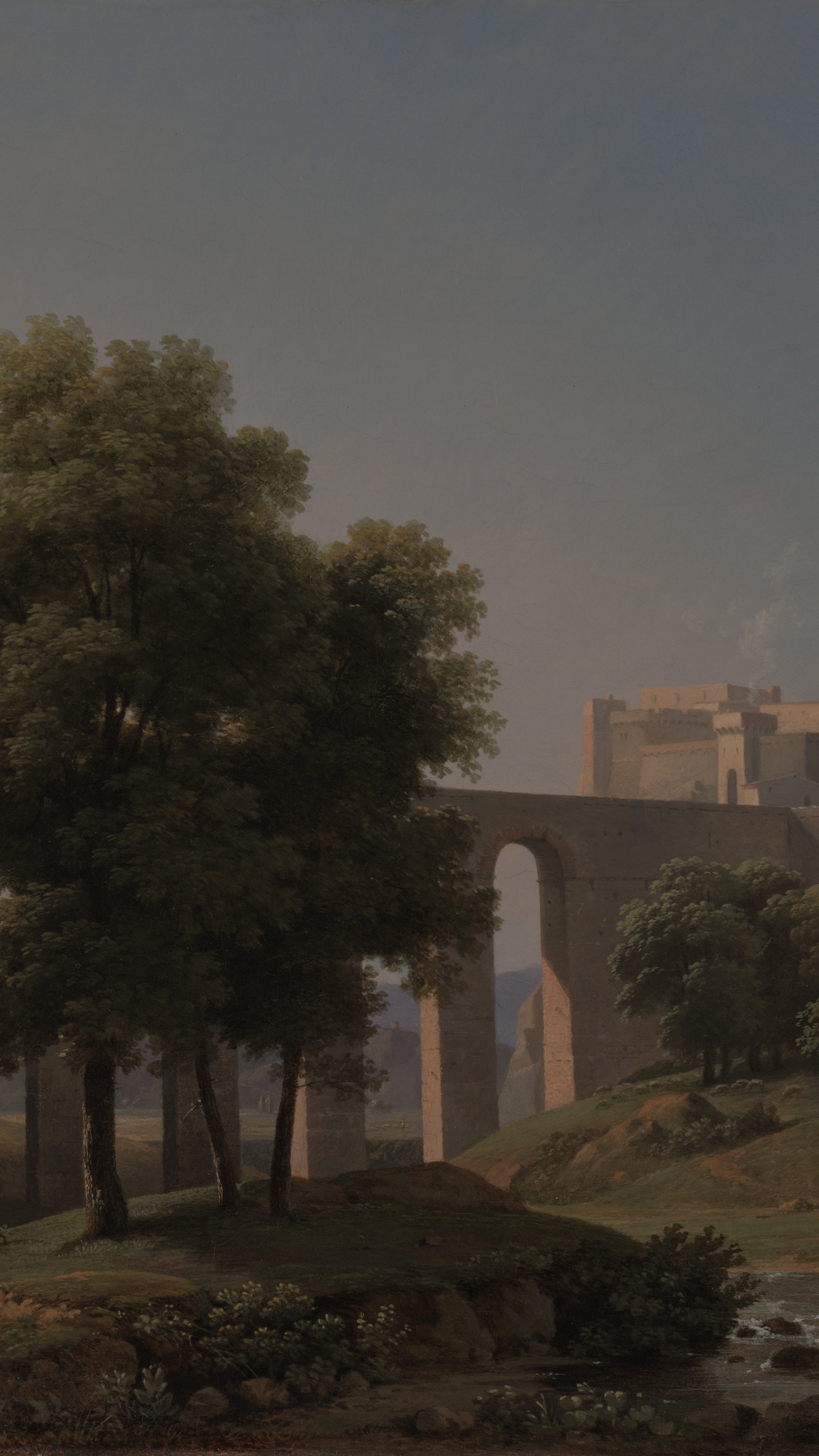 Dark academia vertical iPhone background from a painting: Roman stone aqueduct with arched spans, large green trees beside it, a square fortress above, shepherd with sheep near a shallow stream