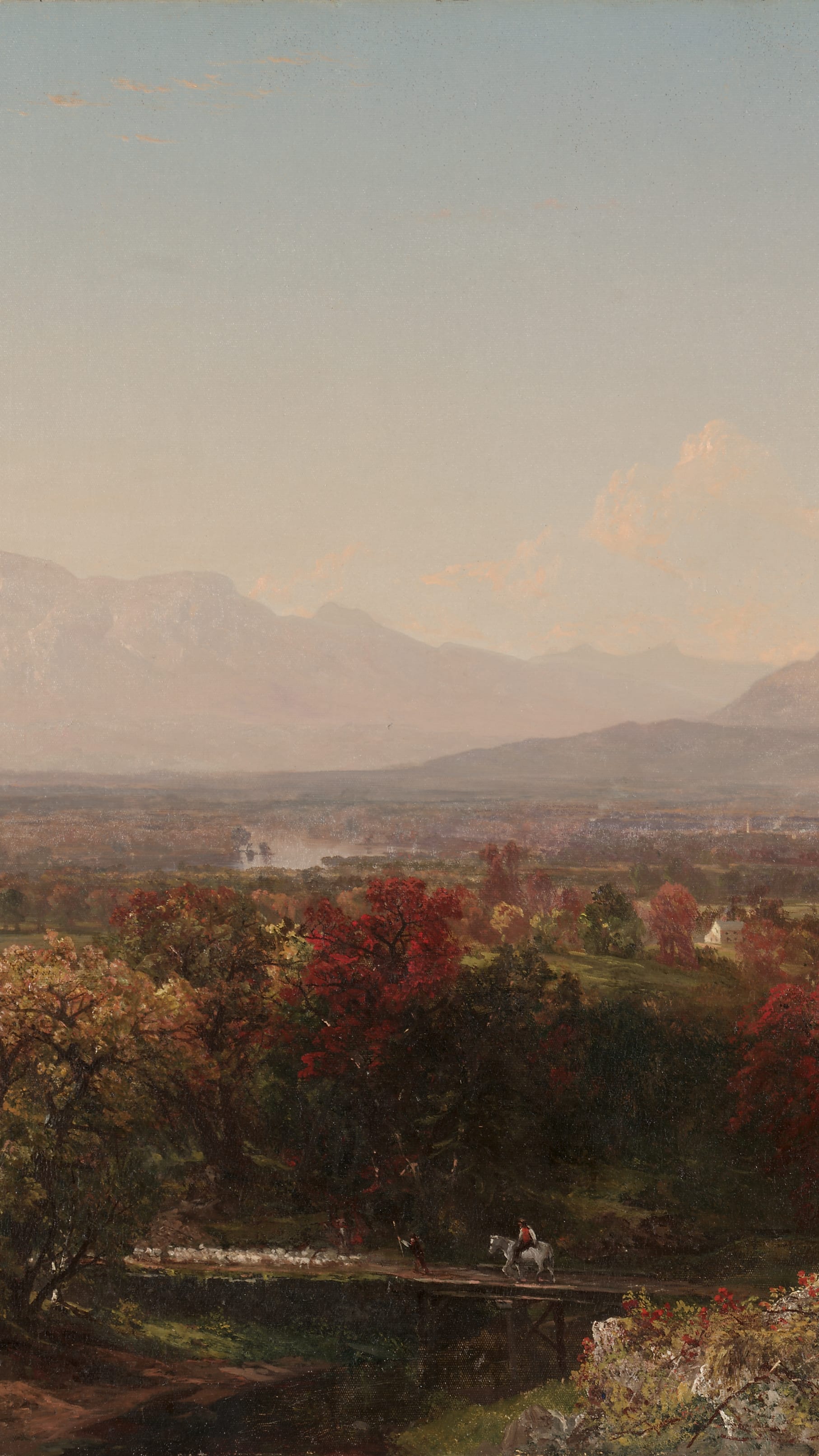 iPhone wallpaper from a painting: autumn scrub in red and gold before a wide valley and blue mountains under a soft sky
