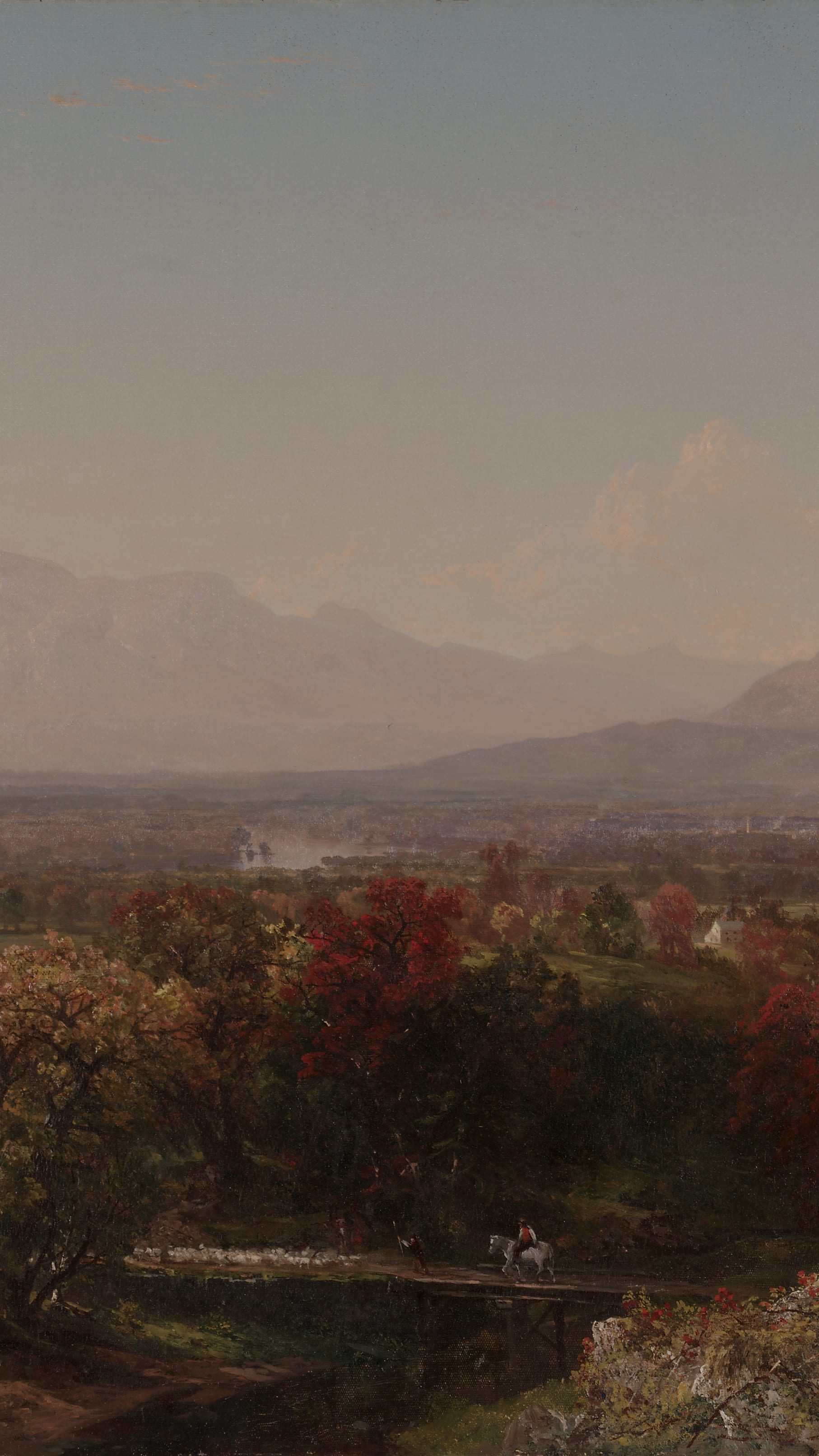 iPhone wallpaper from a painting: autumn scrub in red and gold before a wide valley and blue mountains under a soft sky