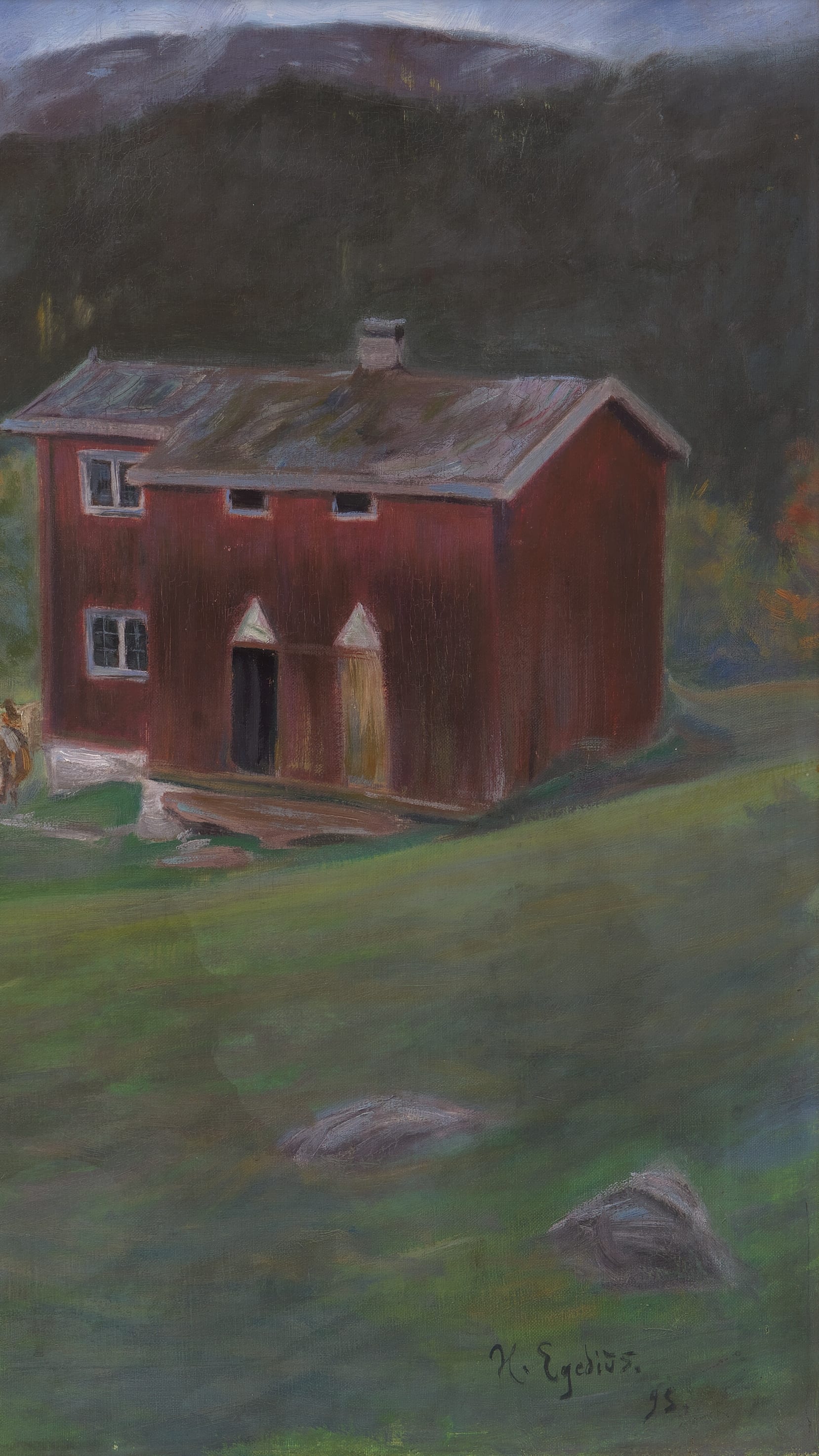 Dark moody vertical iPhone background from a painting: red Norwegian farm buildings on a green hillside, cows grazing on a dirt path, dark forested mountain backdrop, overcast blue-grey sky