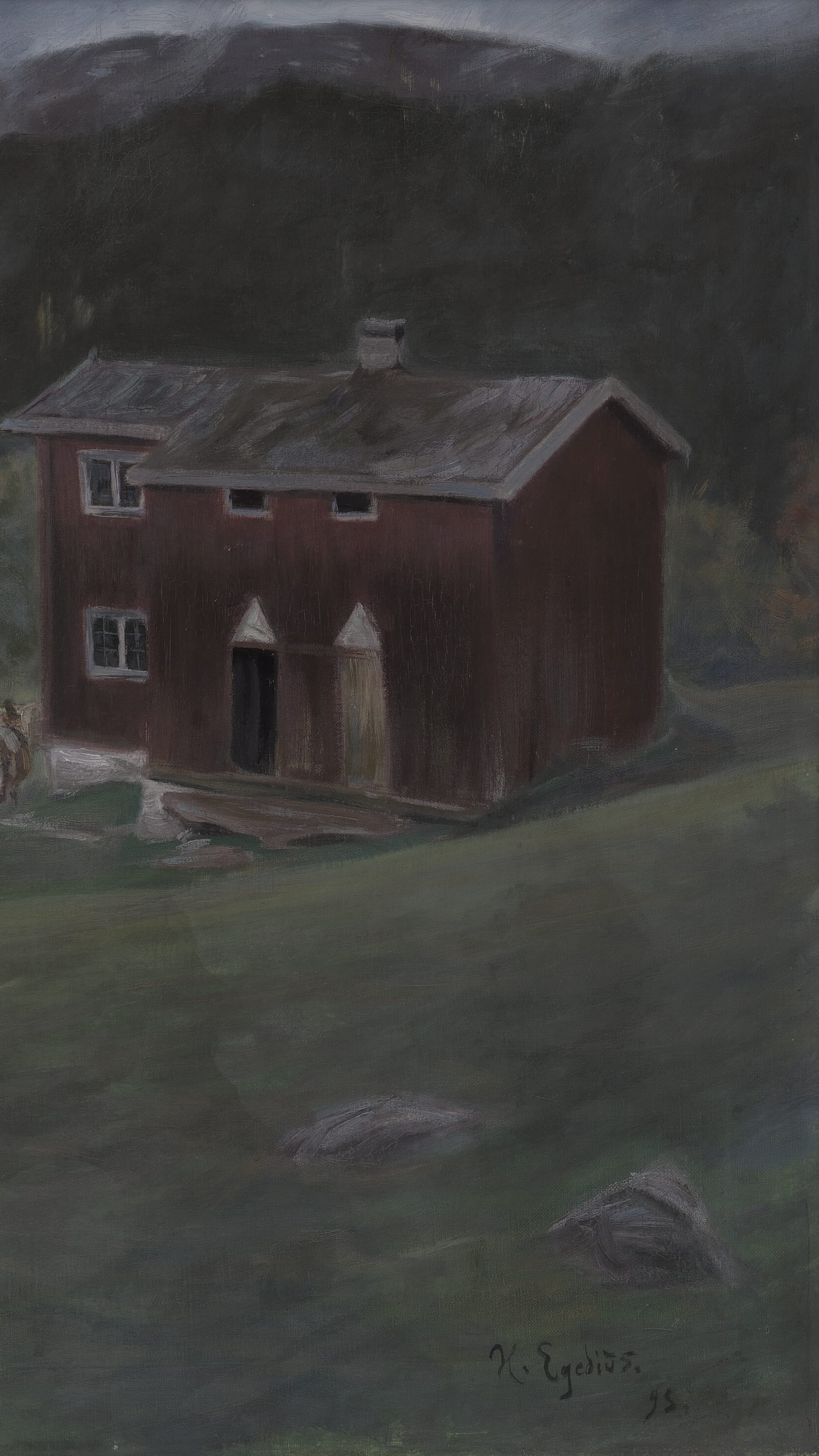 Dark moody vertical iPhone background from a painting: red Norwegian farm buildings on a green hillside, cows grazing on a dirt path, dark forested mountain backdrop, overcast blue-grey sky