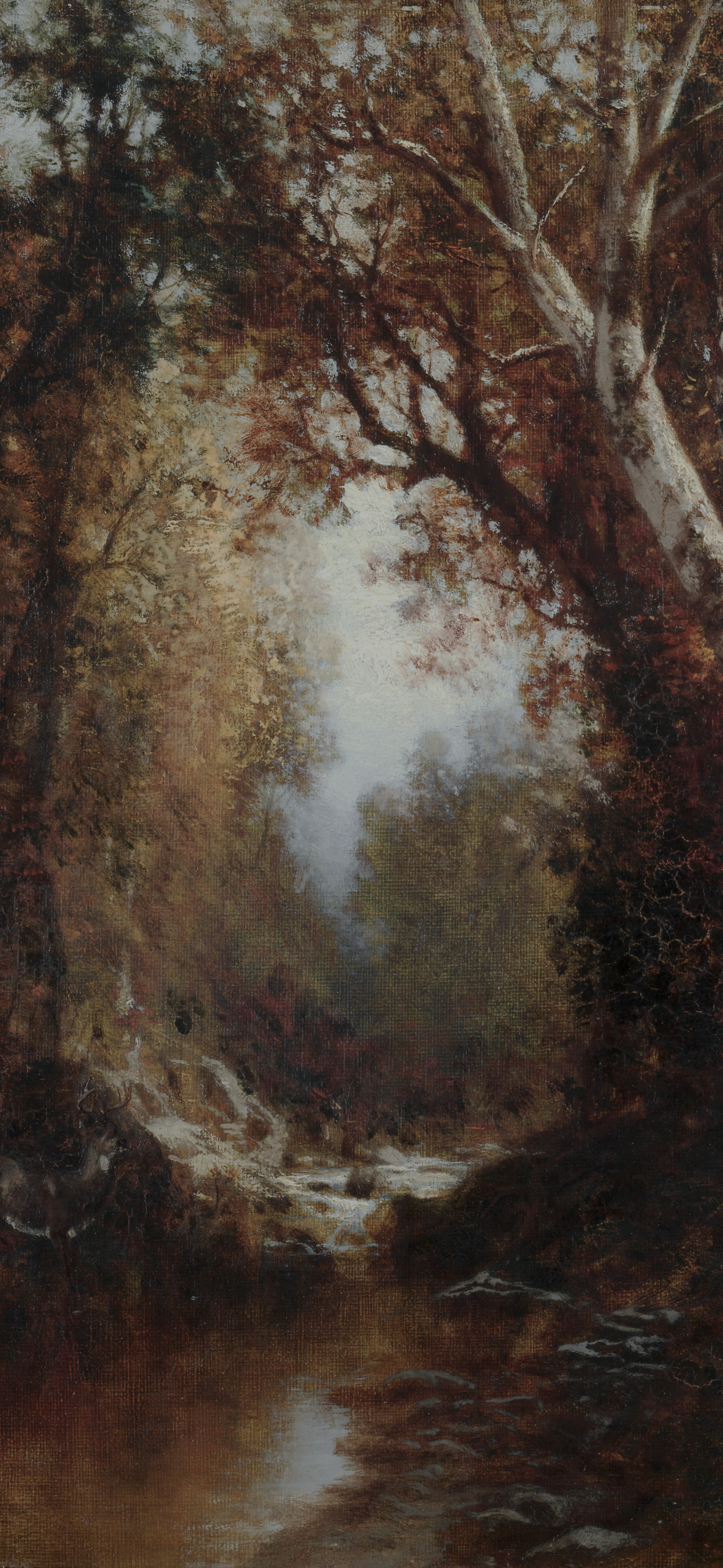 Dark moody vertical iPhone background from a painting: amber and rust autumn forest with white birch trunks, a still stream winding through dark shadows, and a glowing misty clearing in the distance