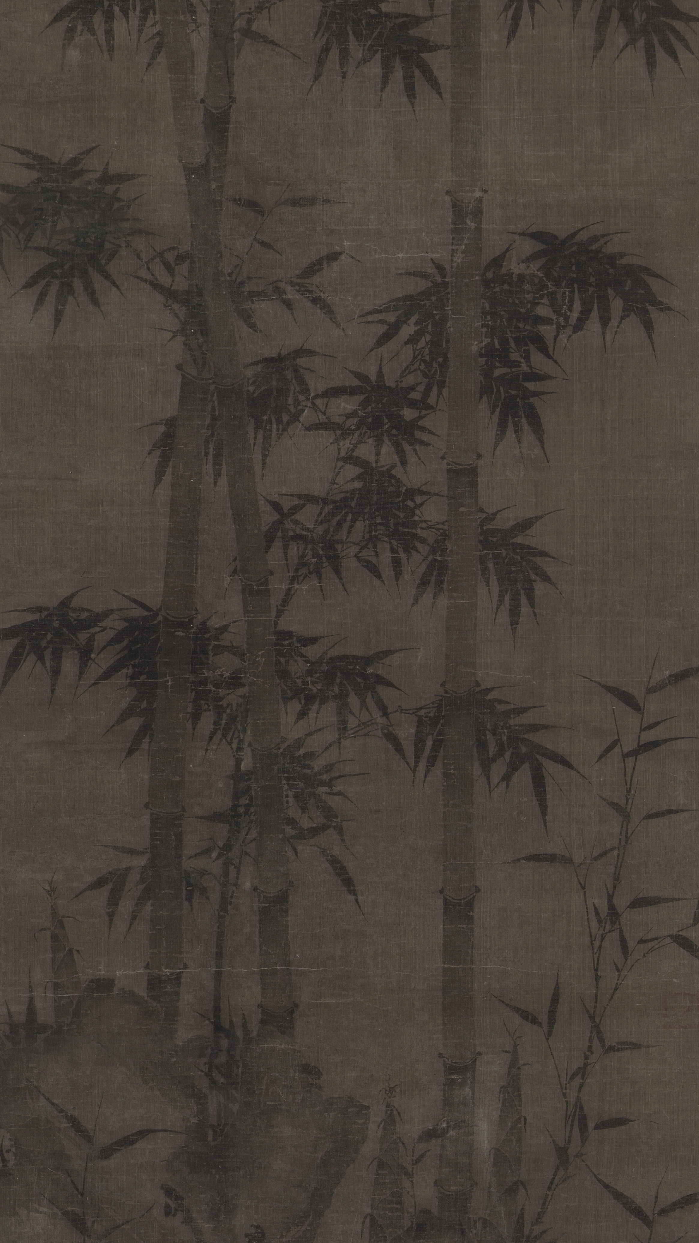 Vertical iPhone background from a Chinese painting: Chinese ink-wash bamboo stalks with sharp dark leaves on aged beige silk, spare and meditative brushwork