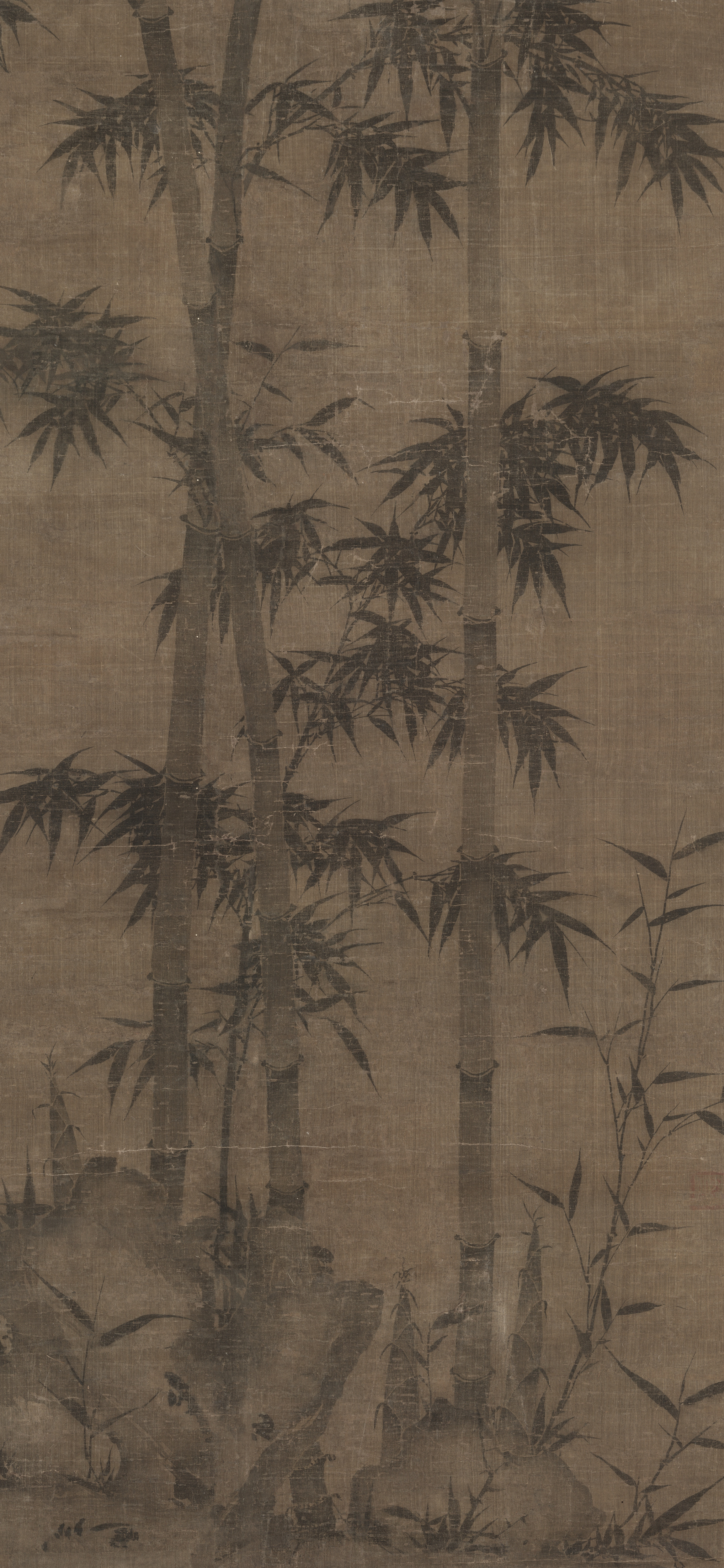Vertical iPhone background from a Chinese painting: Chinese ink-wash bamboo stalks with sharp dark leaves on aged beige silk, spare and meditative brushwork