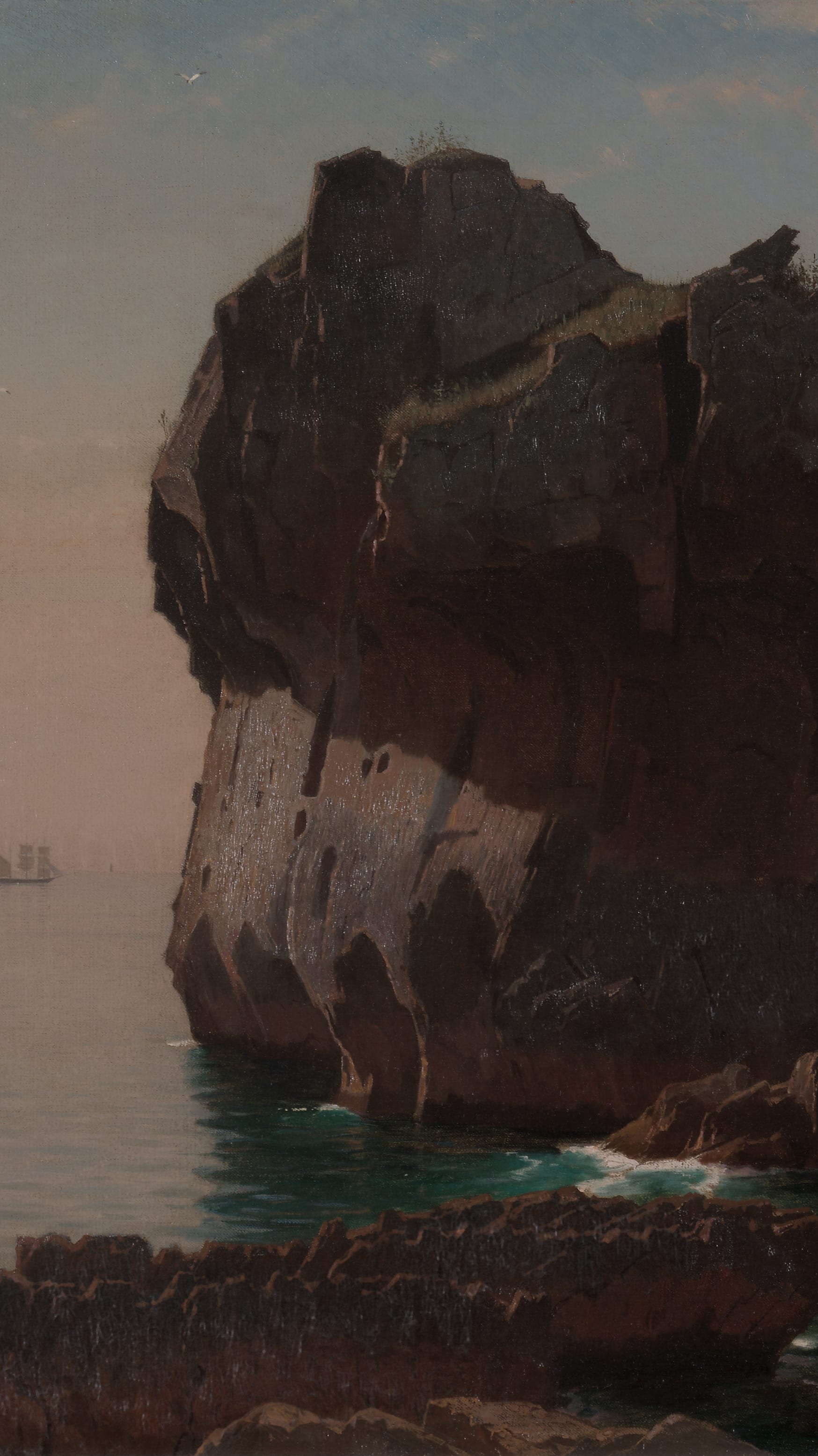 Dark moody vertical iPhone background from a painting: enormous jagged dark rock spire rising from a still teal sea, pink hazy sky, a small rowboat with figures, a sailing ship tiny on the horizon