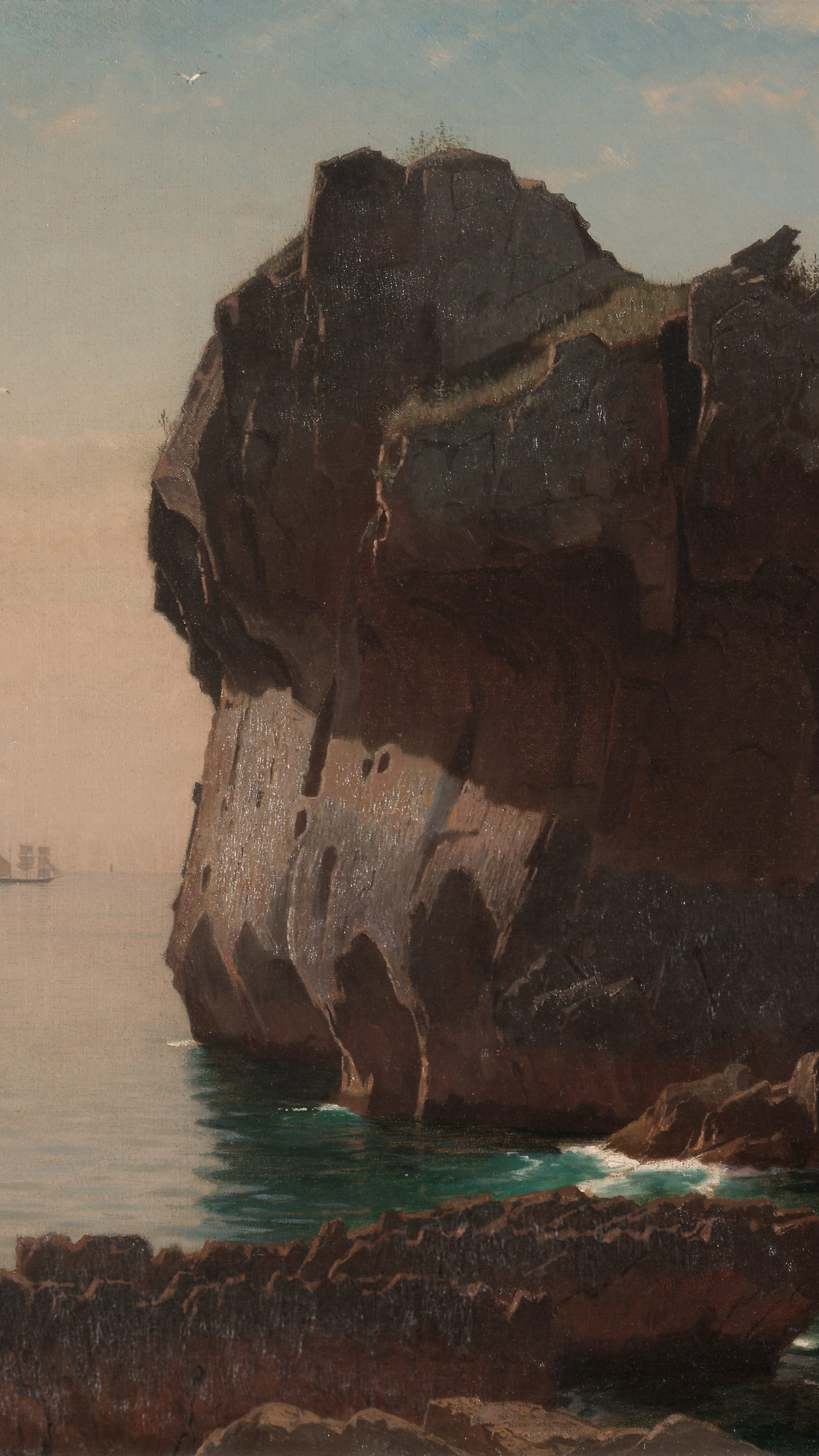 Dark moody vertical iPhone background from a painting: enormous jagged dark rock spire rising from a still teal sea, pink hazy sky, a small rowboat with figures, a sailing ship tiny on the horizon