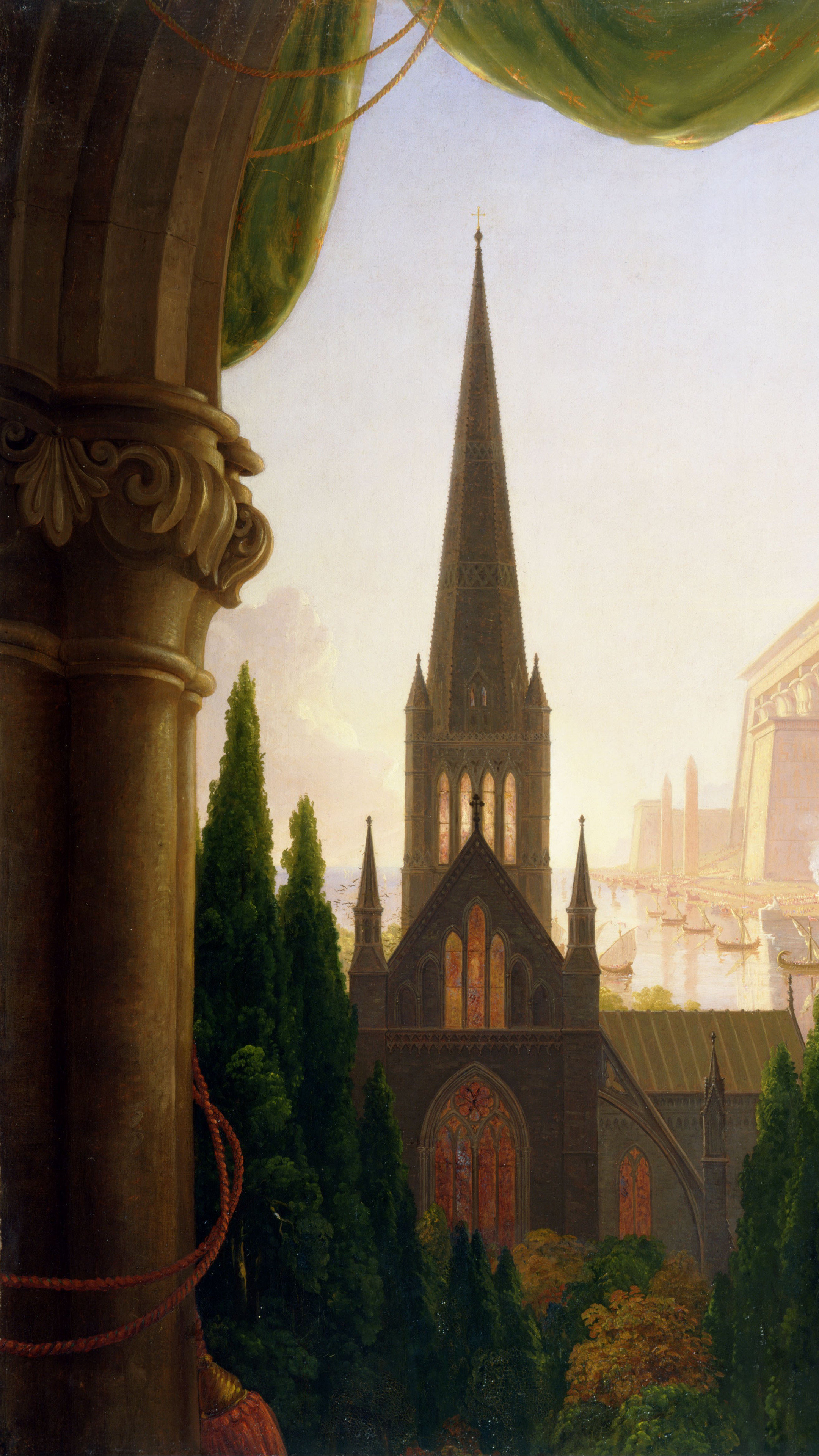 Dark moody desktop background from a painting: an architect reclining atop a column, framed by green drapery and looking out over an imagined skyline of Egyptian, Greek and Gothic monuments bathed in golden light