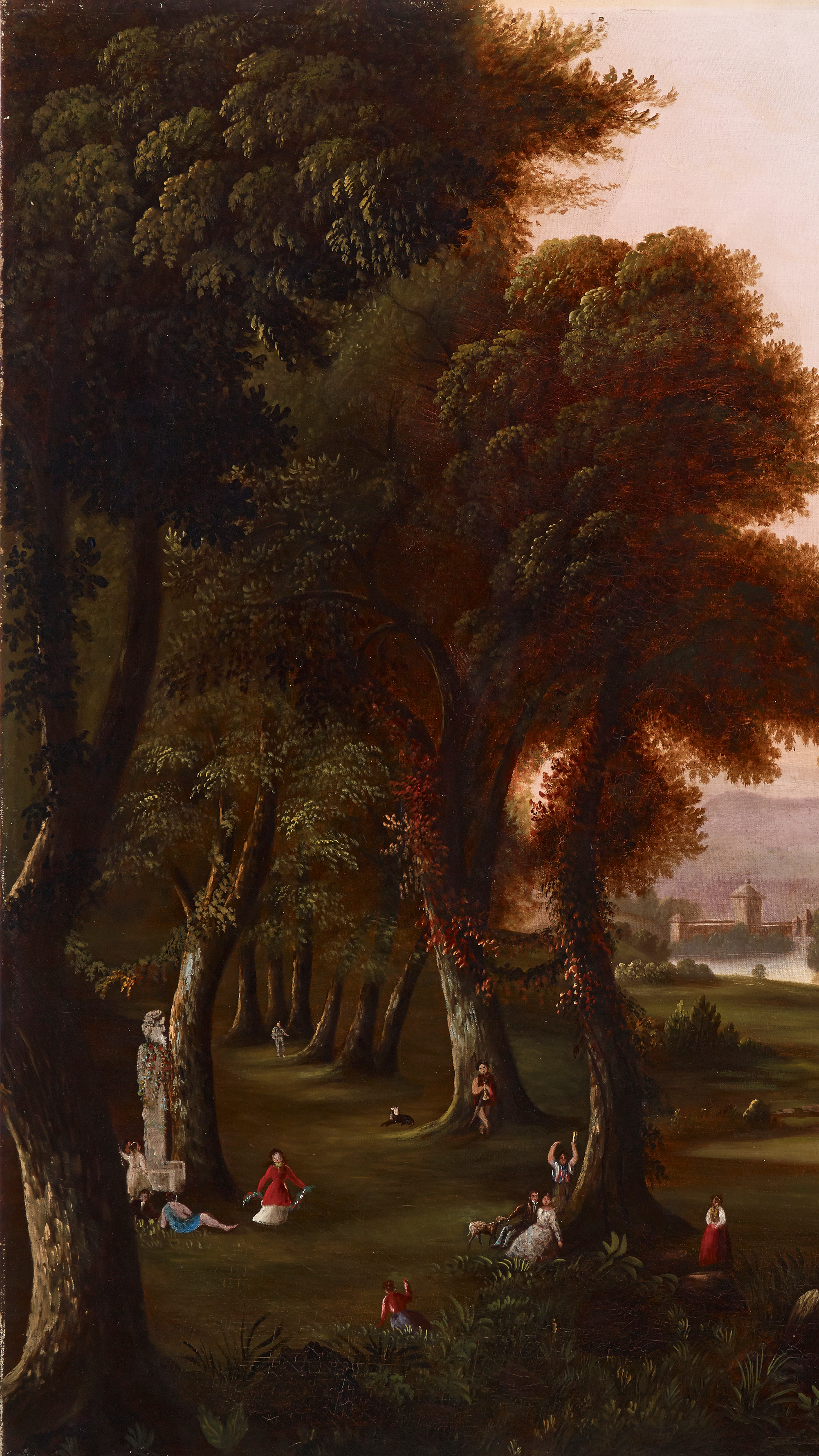 Dark moody desktop background from a painting: classically robed figures at leisure beside a marble temple in a golden pastoral valley, distant mountains under a warm hazy sky