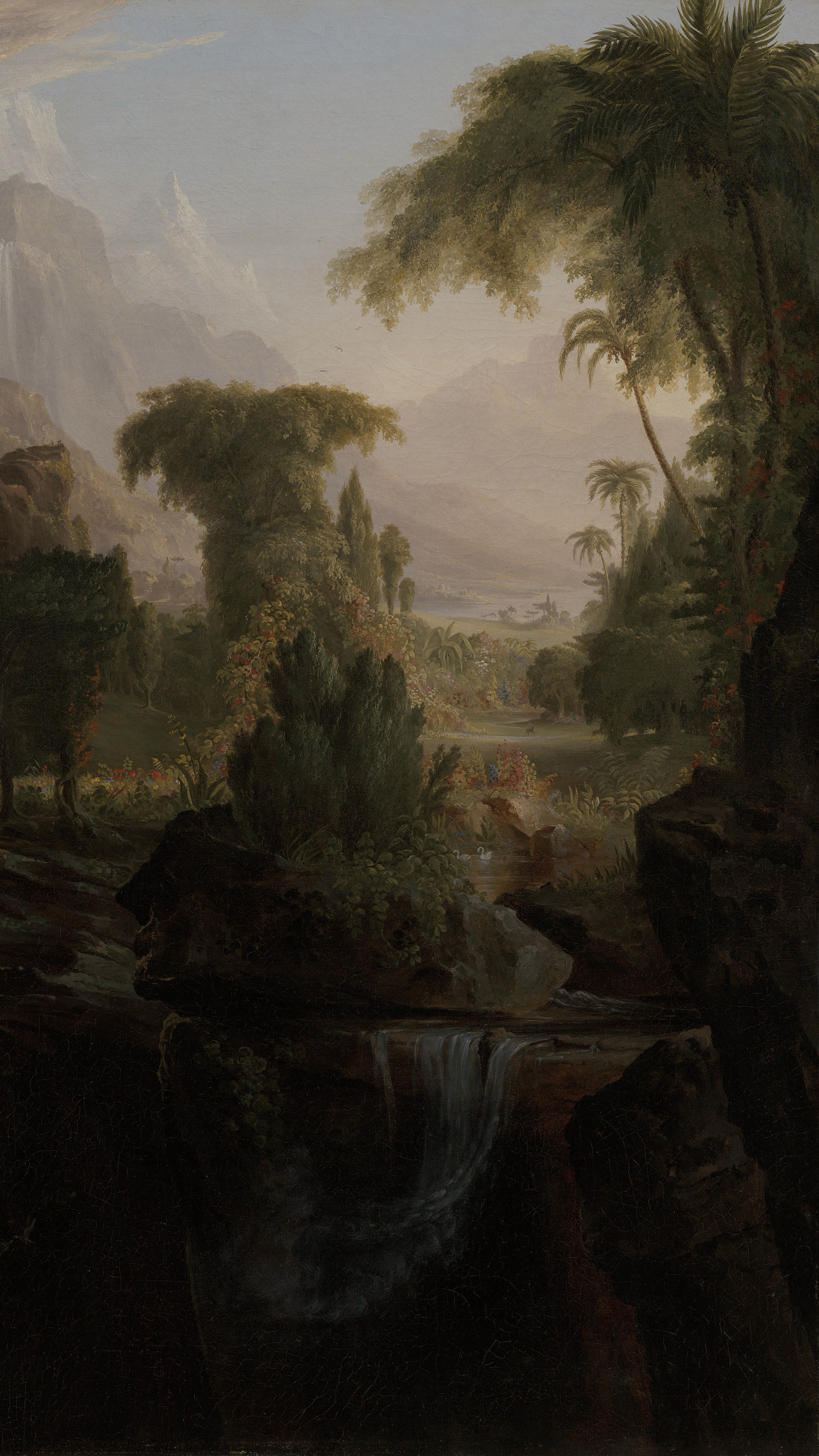 Dark moody desktop background from a painting: small glowing figures fleeing through a rocky gateway from a sunlit paradise into a dark wilderness, a volcano erupting in the distance, a beam of light cutting through storm clouds