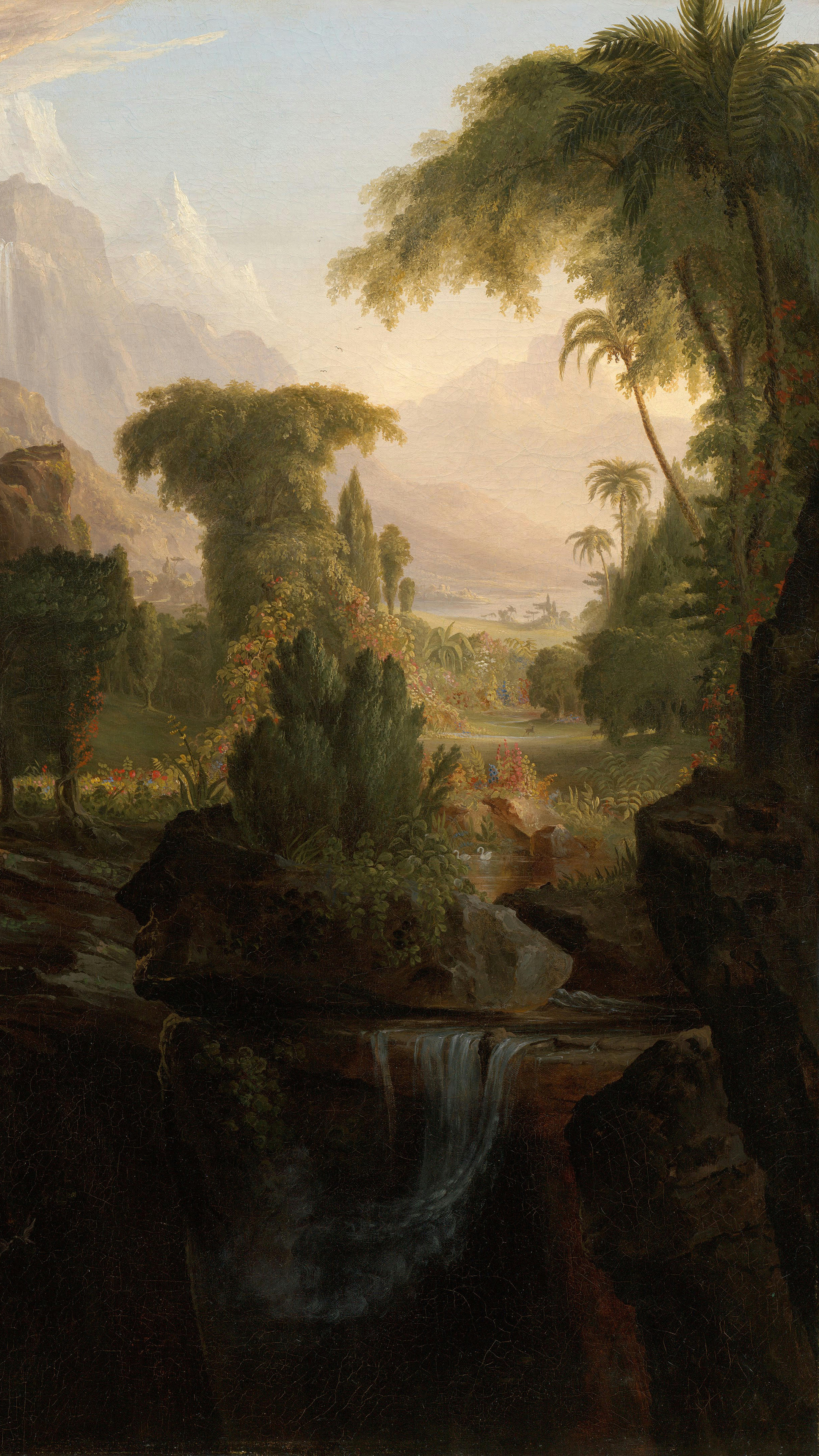 Dark moody desktop background from a painting: small glowing figures fleeing through a rocky gateway from a sunlit paradise into a dark wilderness, a volcano erupting in the distance, a beam of light cutting through storm clouds