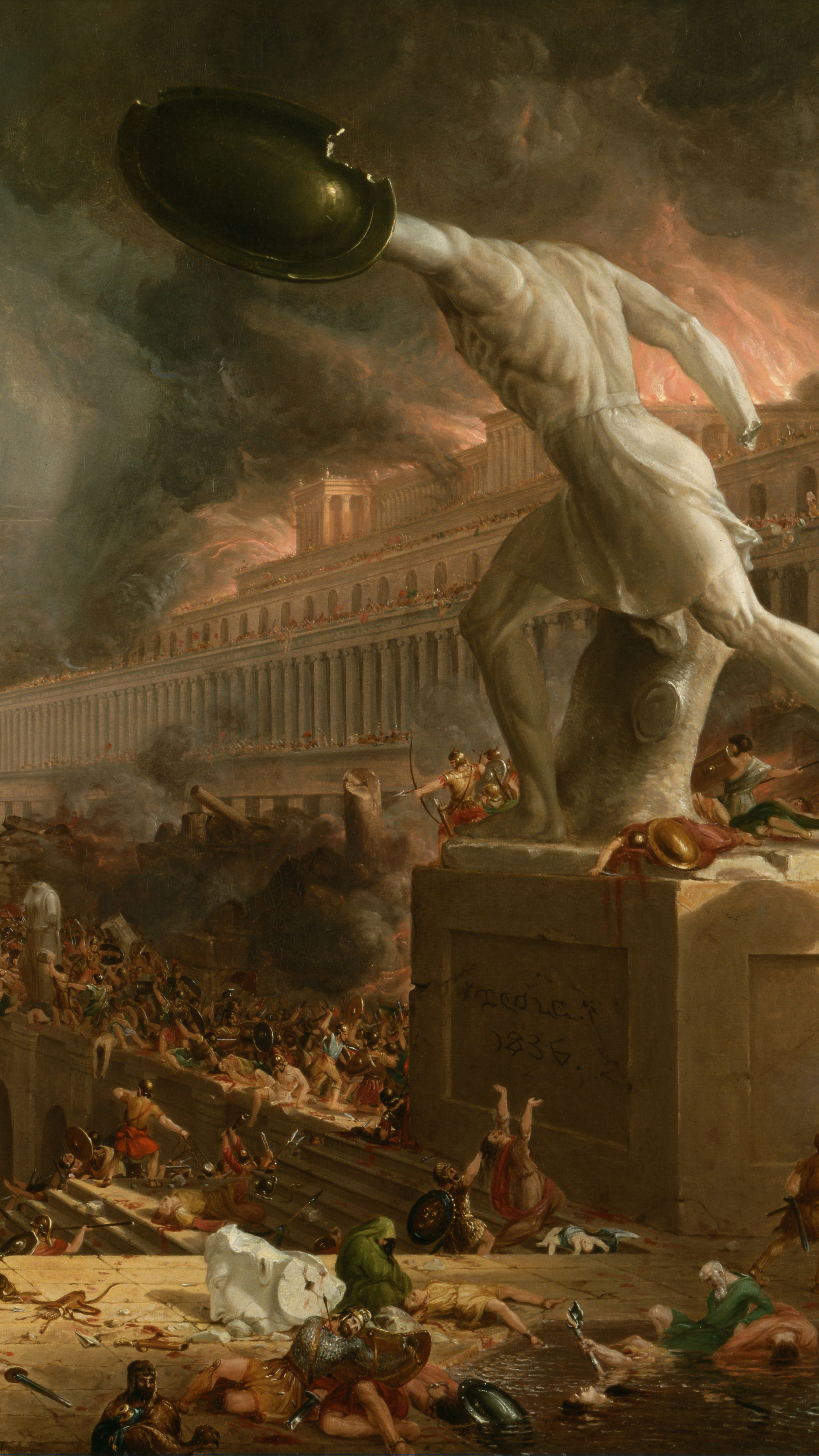 Desktop background from a painting: a headless marble colossus striding above a sacked ancient city, shield raised, fire and black smoke pouring along a long colonnade behind it, fighting and fallen bodies on the steps below