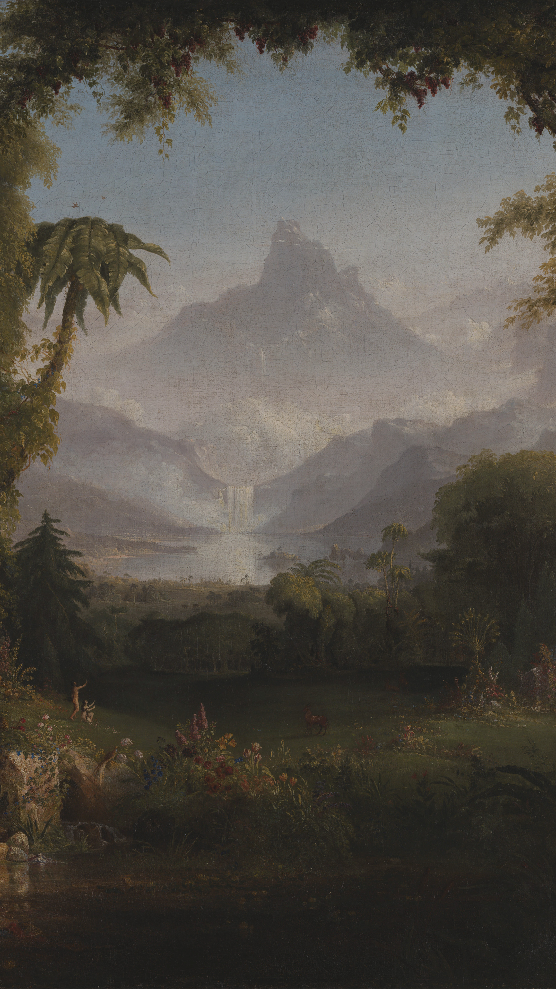 Dark moody desktop background from a painting: a lush garden framed by palms and vines, a waterfall glowing through mist in the distance, small figures near a quiet pool