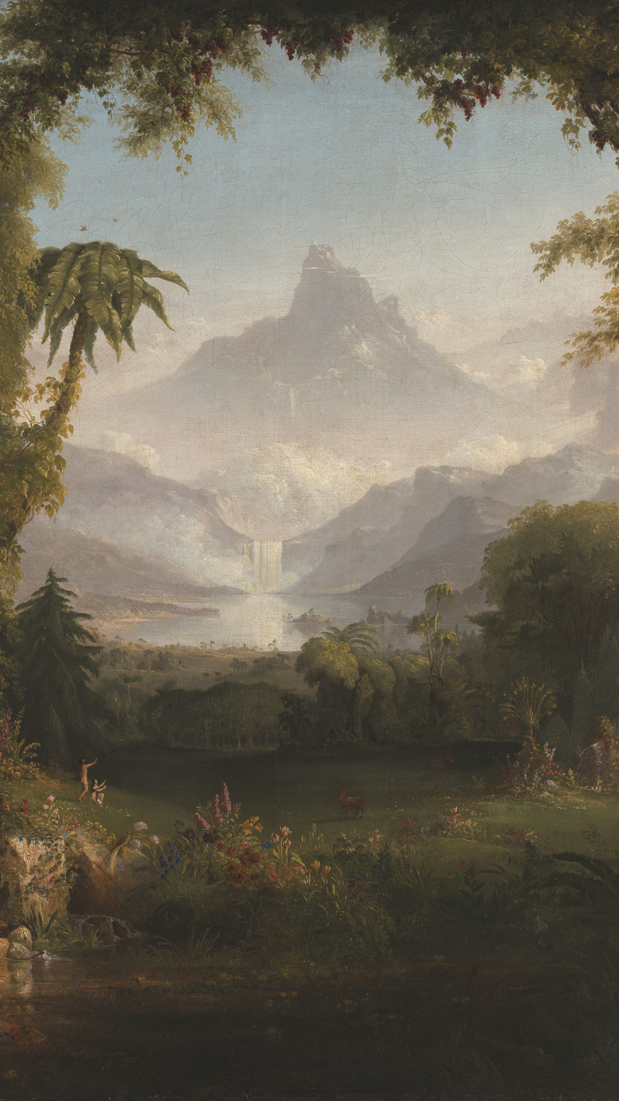Dark moody desktop background from a painting: a lush garden framed by palms and vines, a waterfall glowing through mist in the distance, small figures near a quiet pool