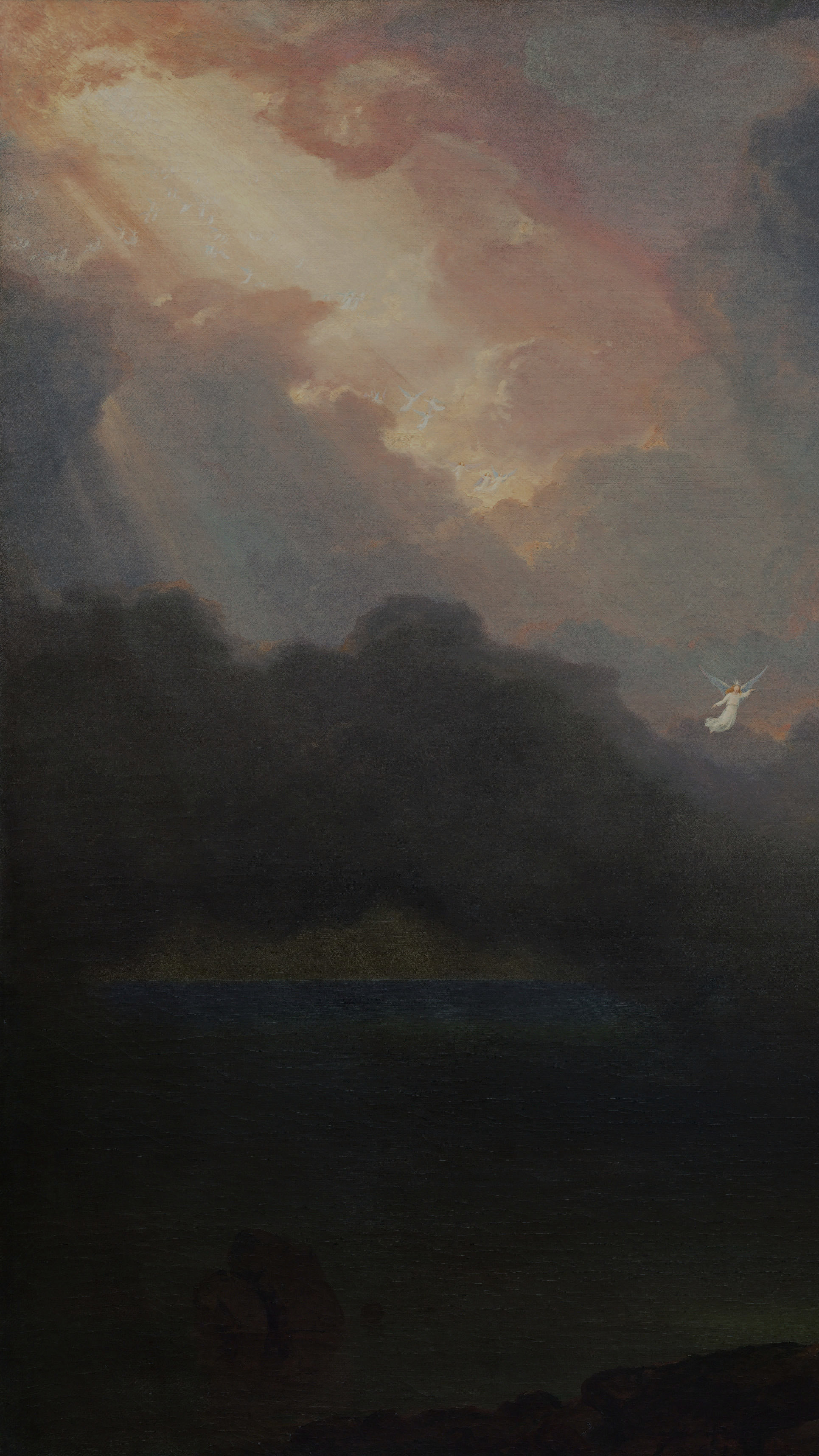 Dark moody desktop background from a painting: a small boat carrying an elderly figure adrift on dark water, a glowing angel pointing toward a break of golden light in heavy storm clouds