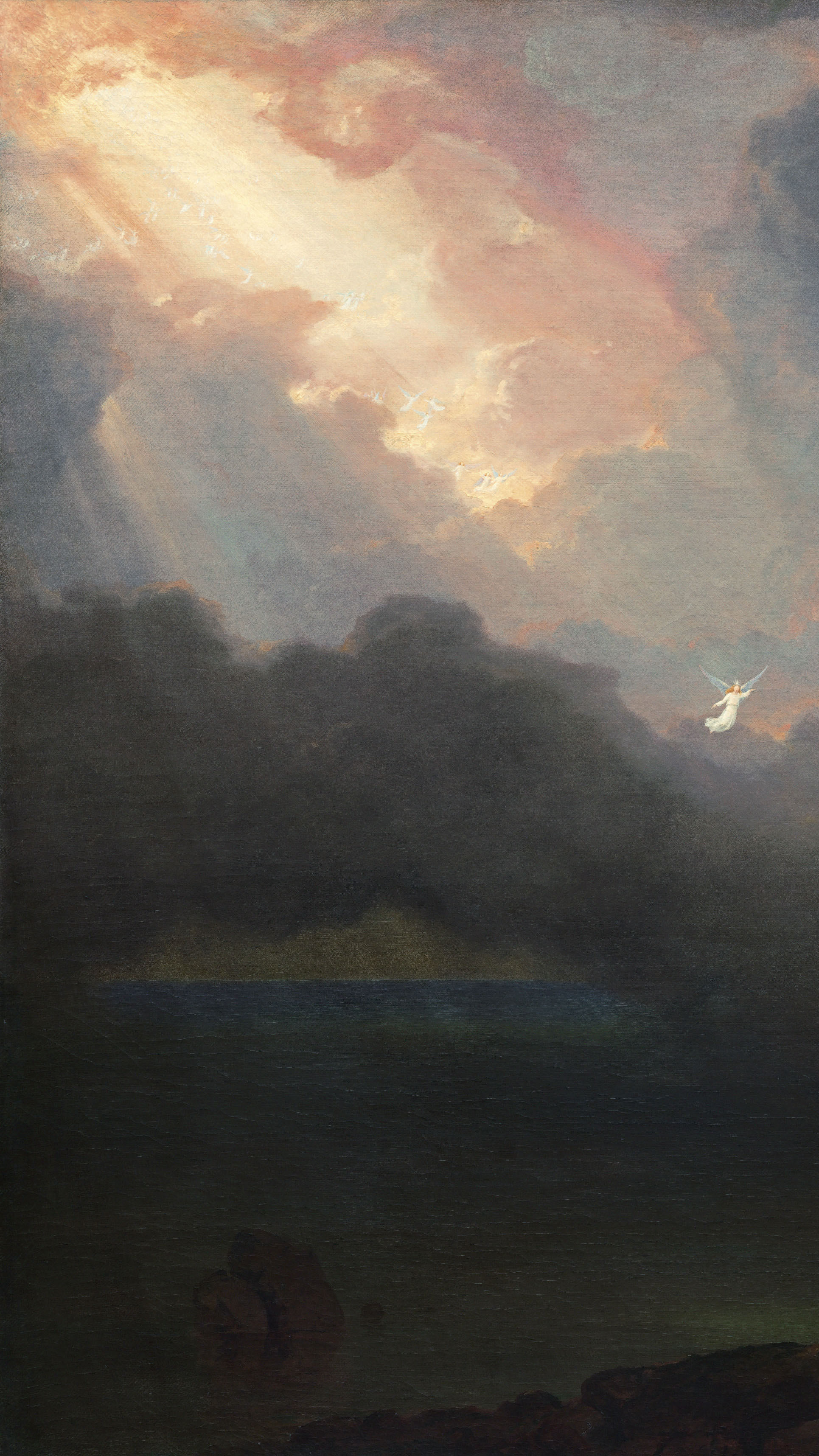 Dark moody desktop background from a painting: a small boat carrying an elderly figure adrift on dark water, a glowing angel pointing toward a break of golden light in heavy storm clouds