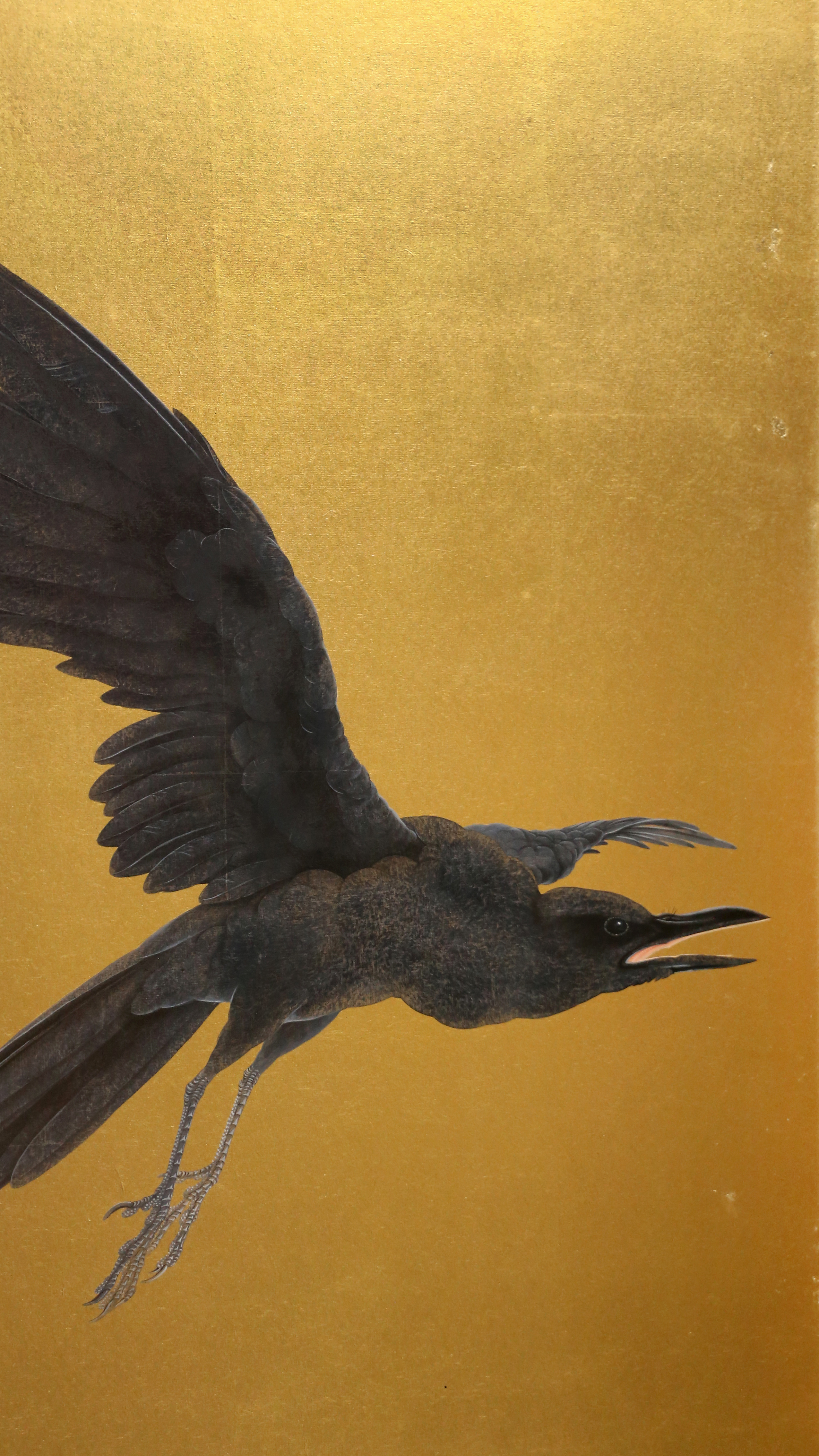Vertical iPhone background from a Japanese screen painting: a black crow in flight filling the lower half of a plain gold ground, one wing raised and spread into separate feathers, beak open, thin grey legs trailing