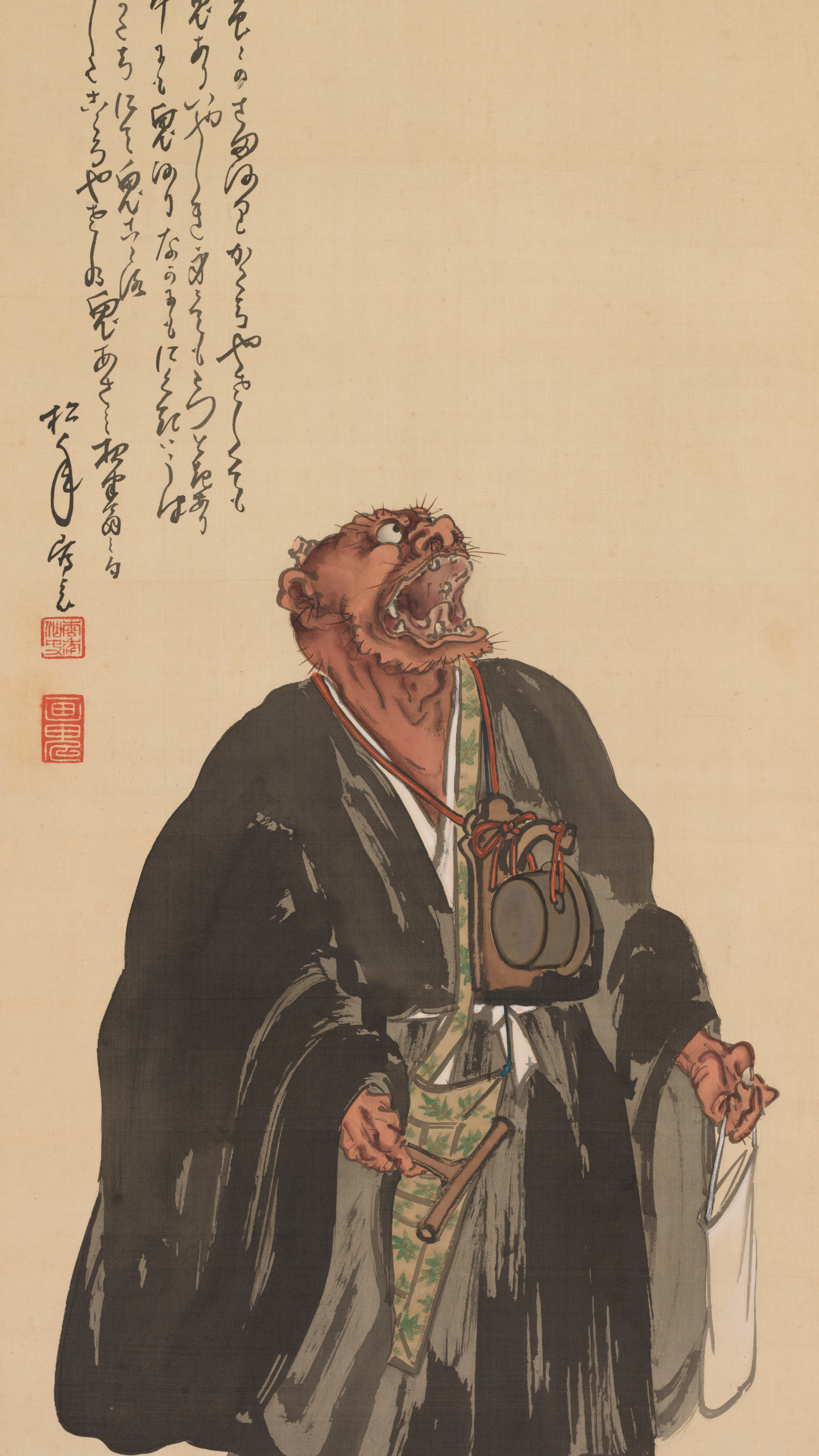 Vertical iPhone background from a Japanese painting: a brown-skinned demon in a black monk's robe, mouth thrown open in a shout, holding wooden clappers and a lantern, calligraphy above