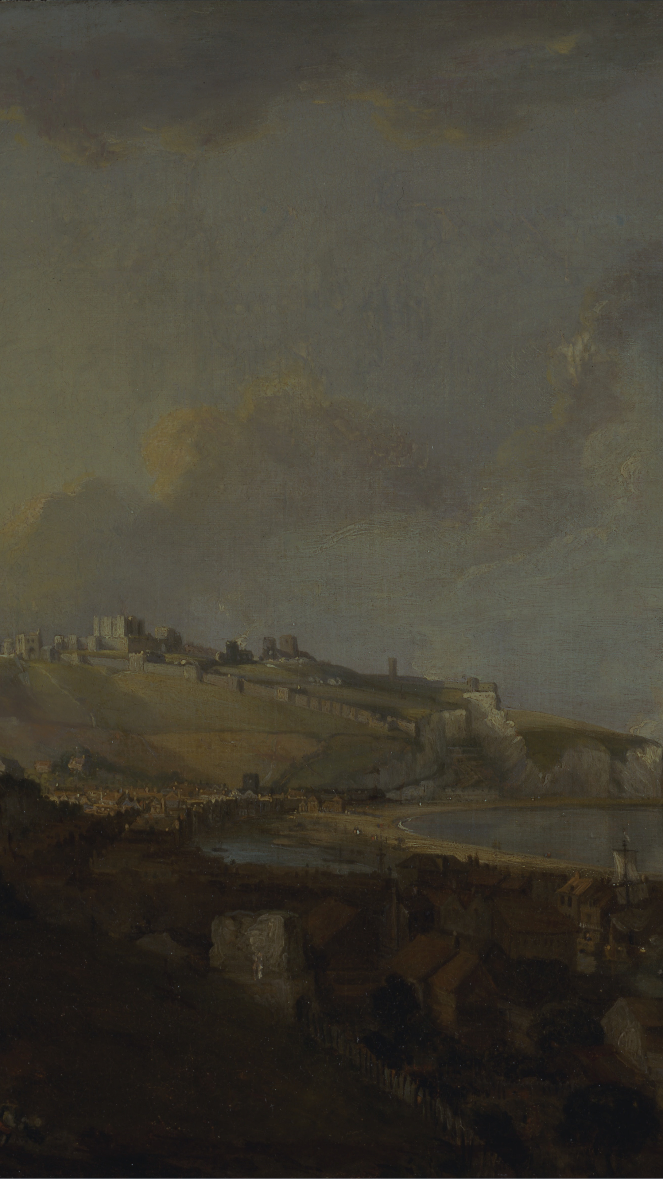 Vertical iPhone background from a painting: chalk cliffs and a town above a grey sea with low sun through cloud