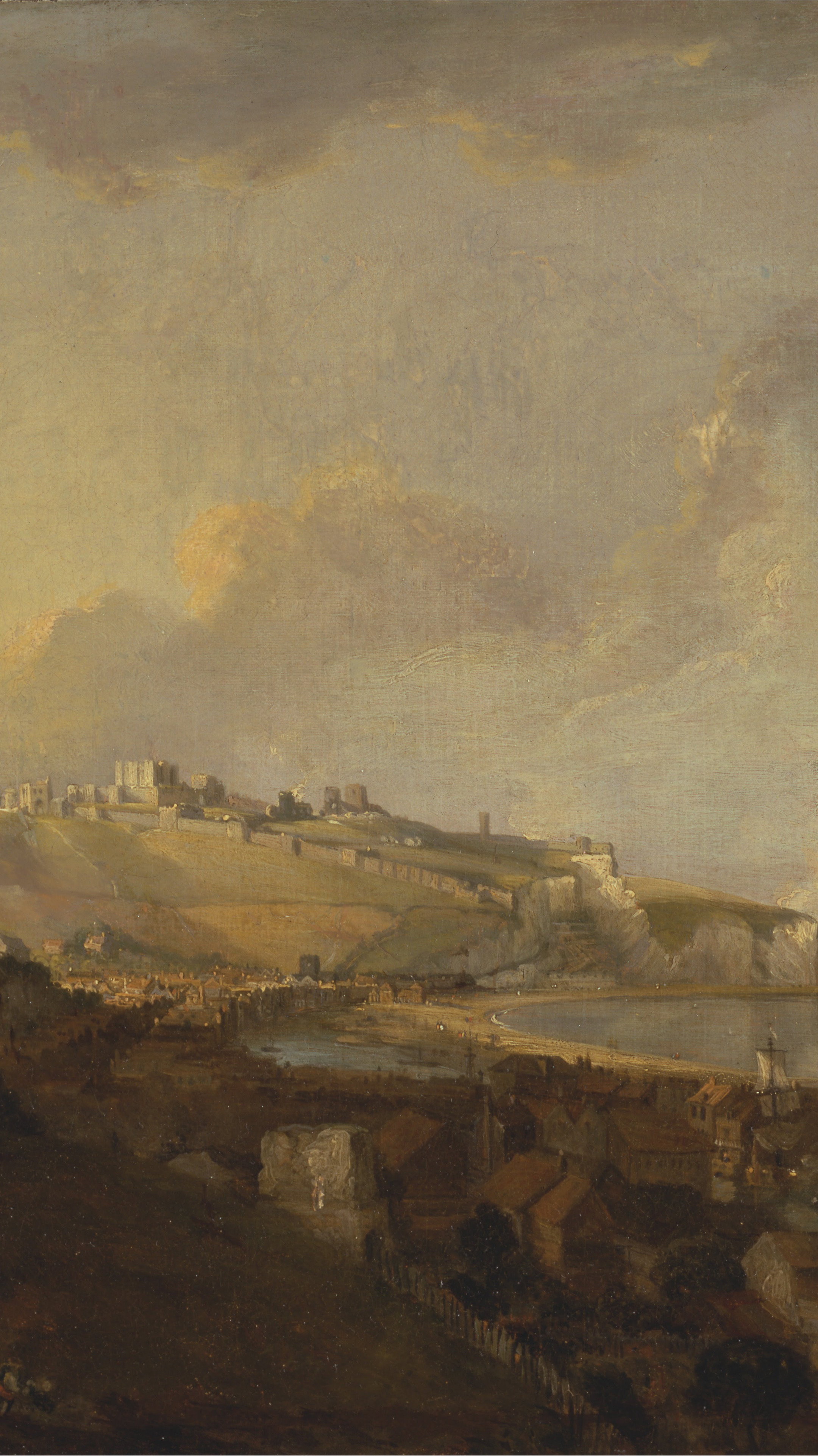 Vertical iPhone background from a painting: chalk cliffs and a town above a grey sea with low sun through cloud