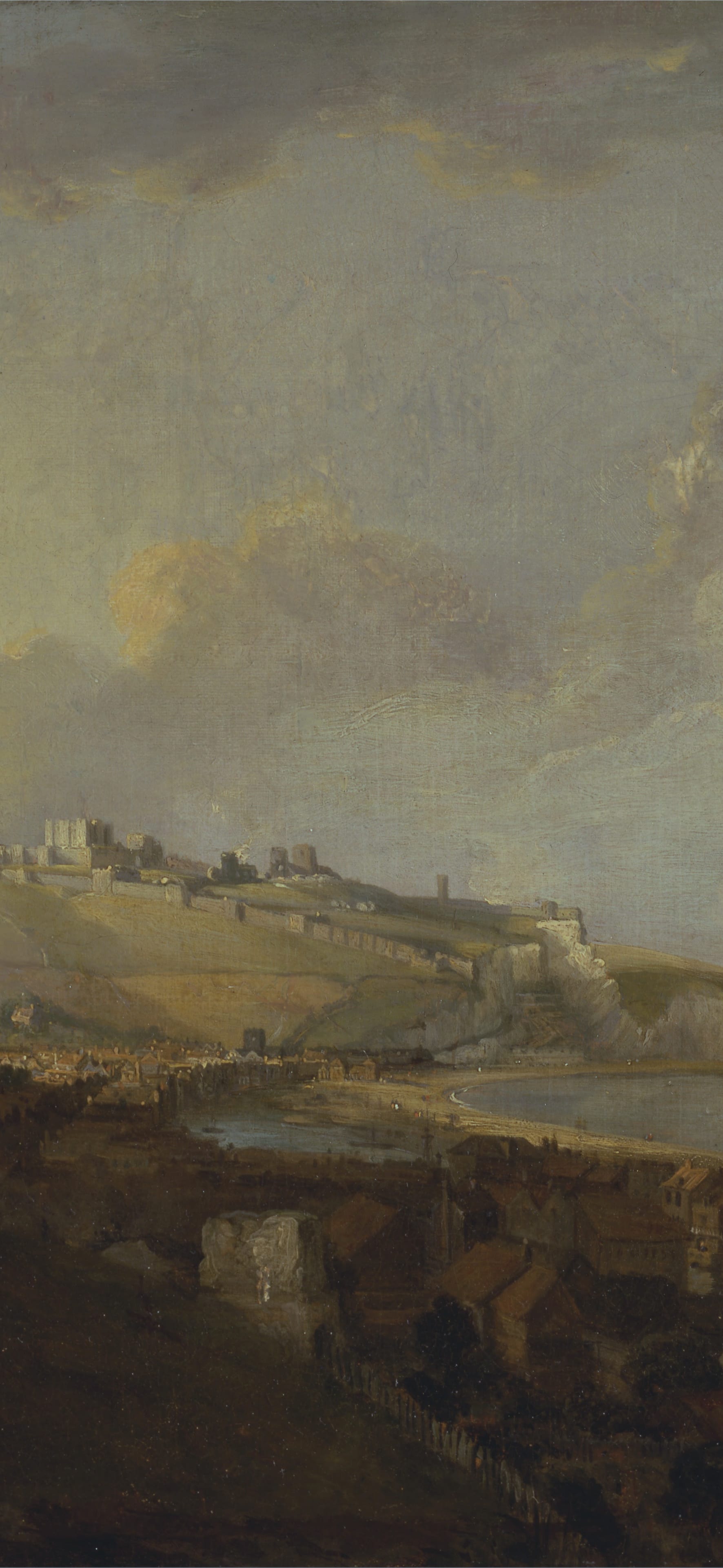 Vertical iPhone background from a painting: chalk cliffs and a town above a grey sea with low sun through cloud