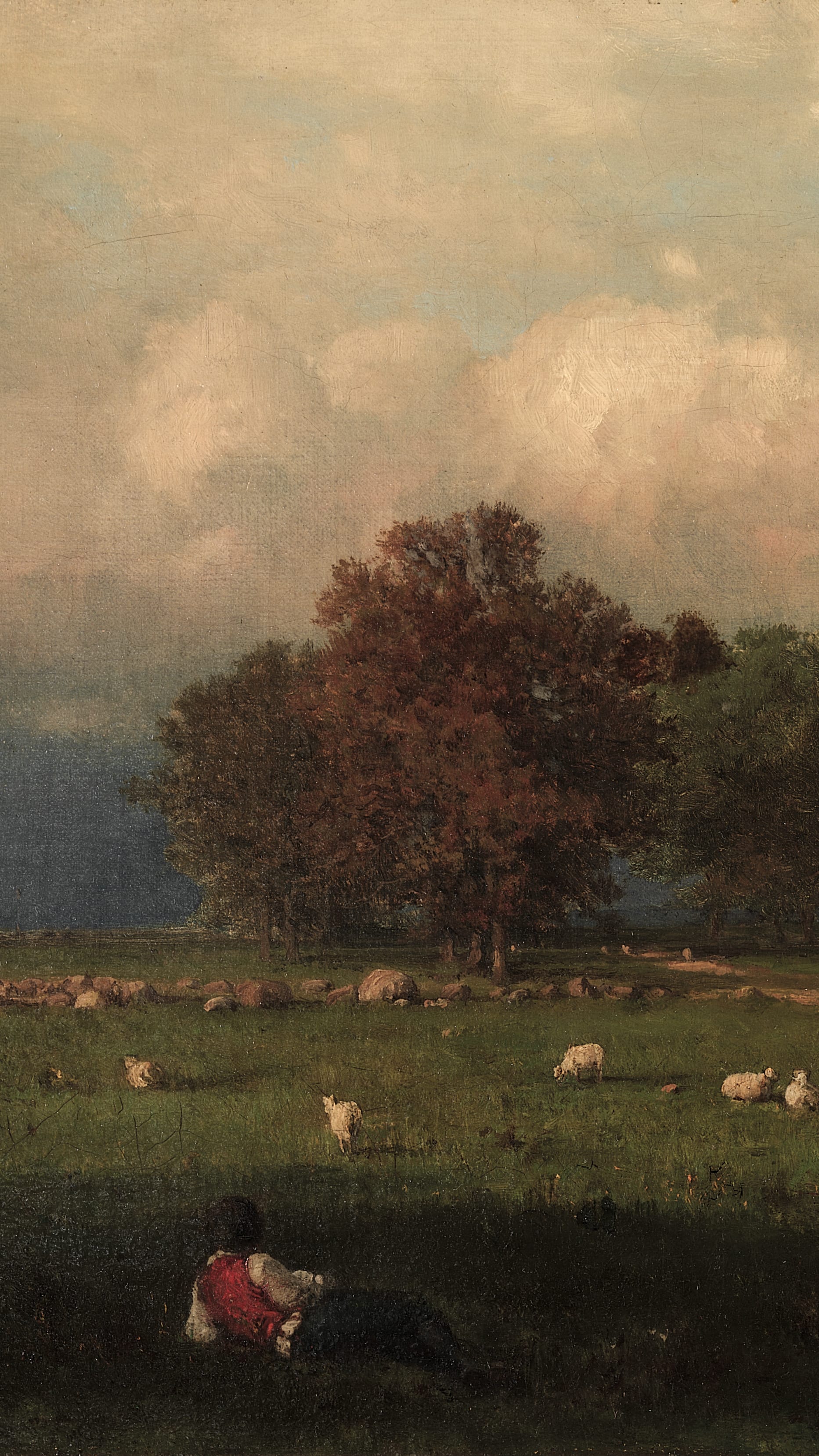 Dark moody vertical iPhone background from a painting: sheep grazing in a green meadow under broad oaks with russet leaves, a seated figure in red, storm clouds massing on the horizon