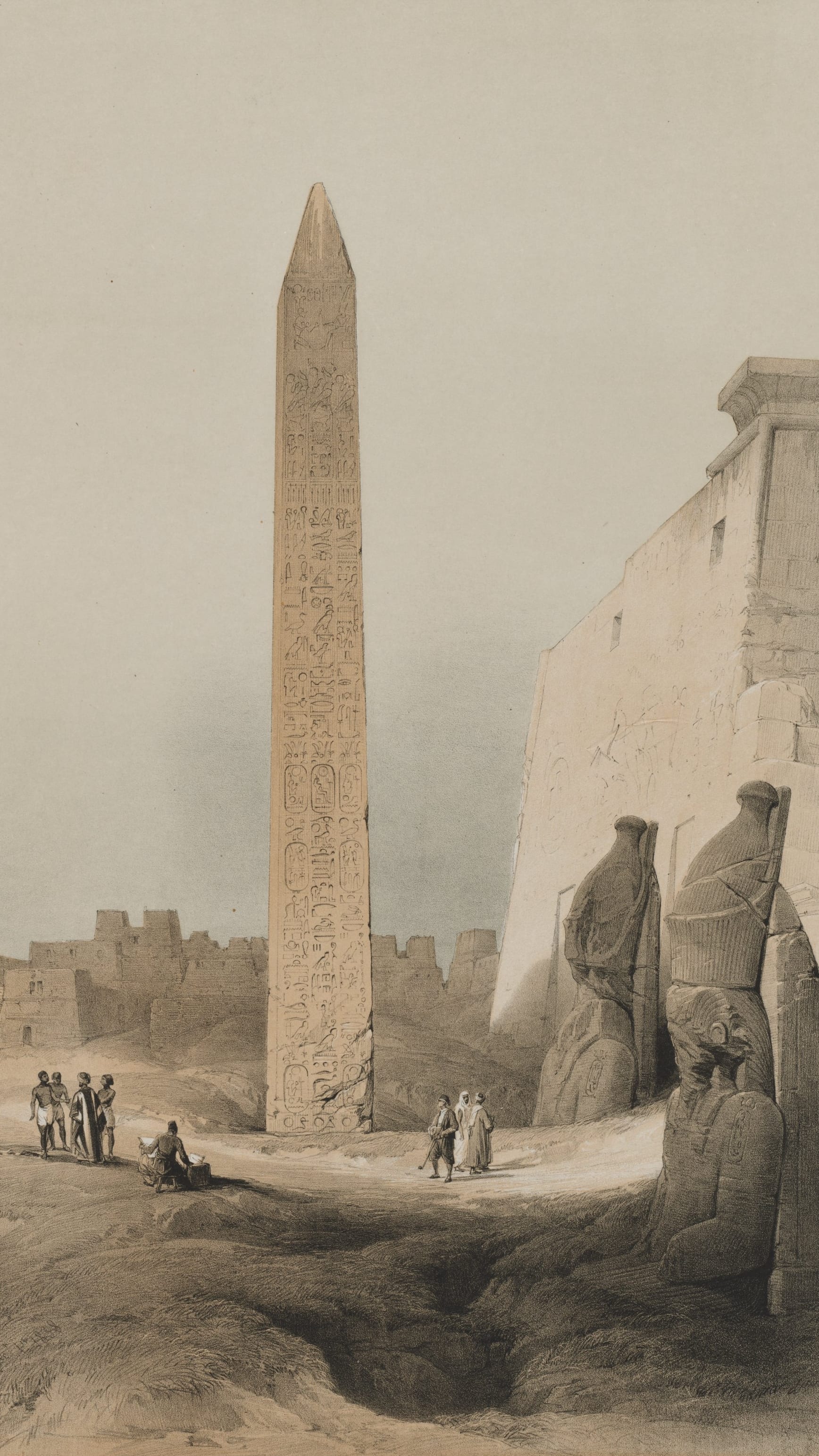 Vertical iPhone background from a print: tall Egyptian obelisk covered in hieroglyphs beside colossal pharaoh statues, warm sandy tones, small figures in the foreground