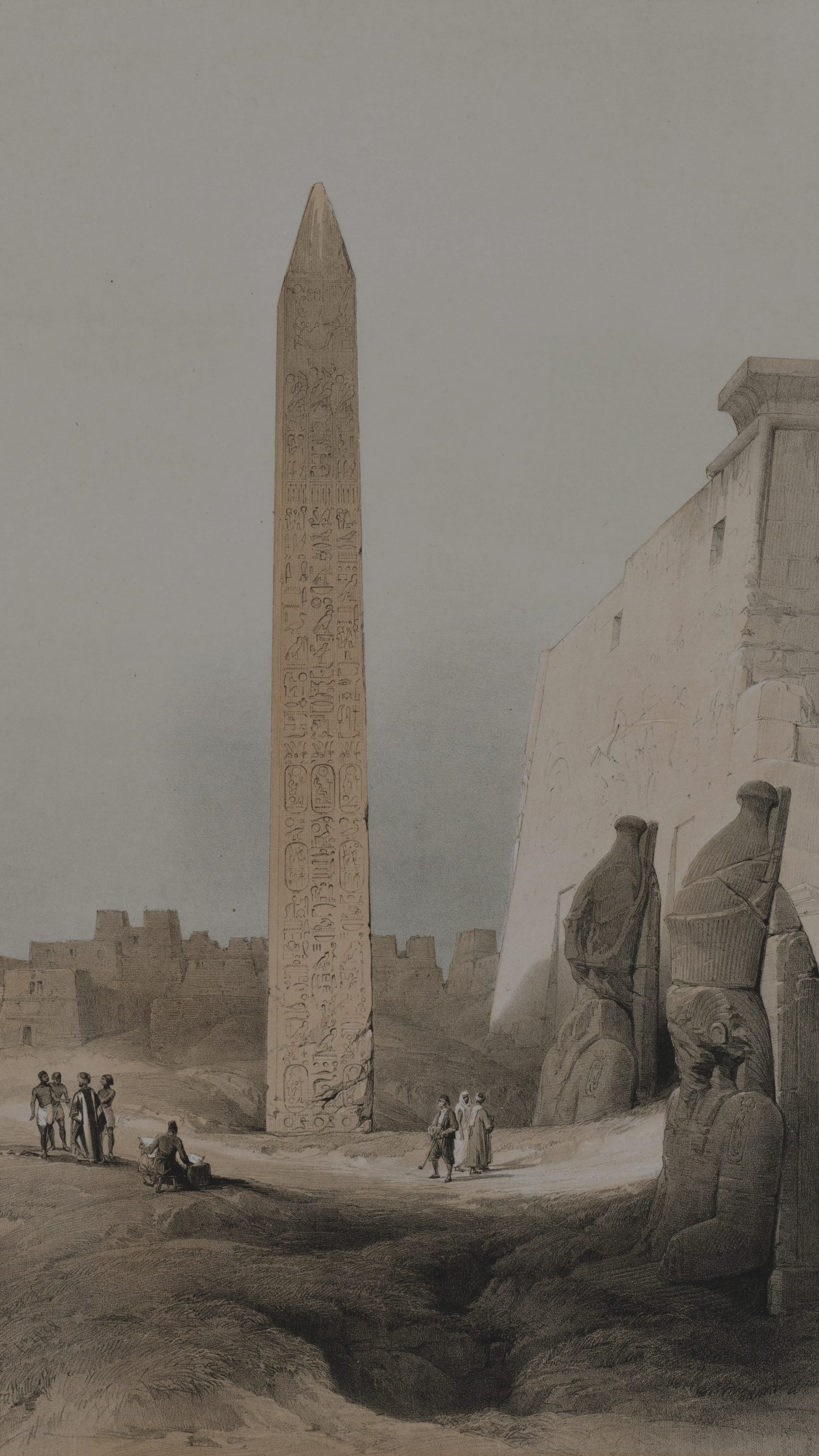 Vertical iPhone background from a print: tall Egyptian obelisk covered in hieroglyphs beside colossal pharaoh statues, warm sandy tones, small figures in the foreground