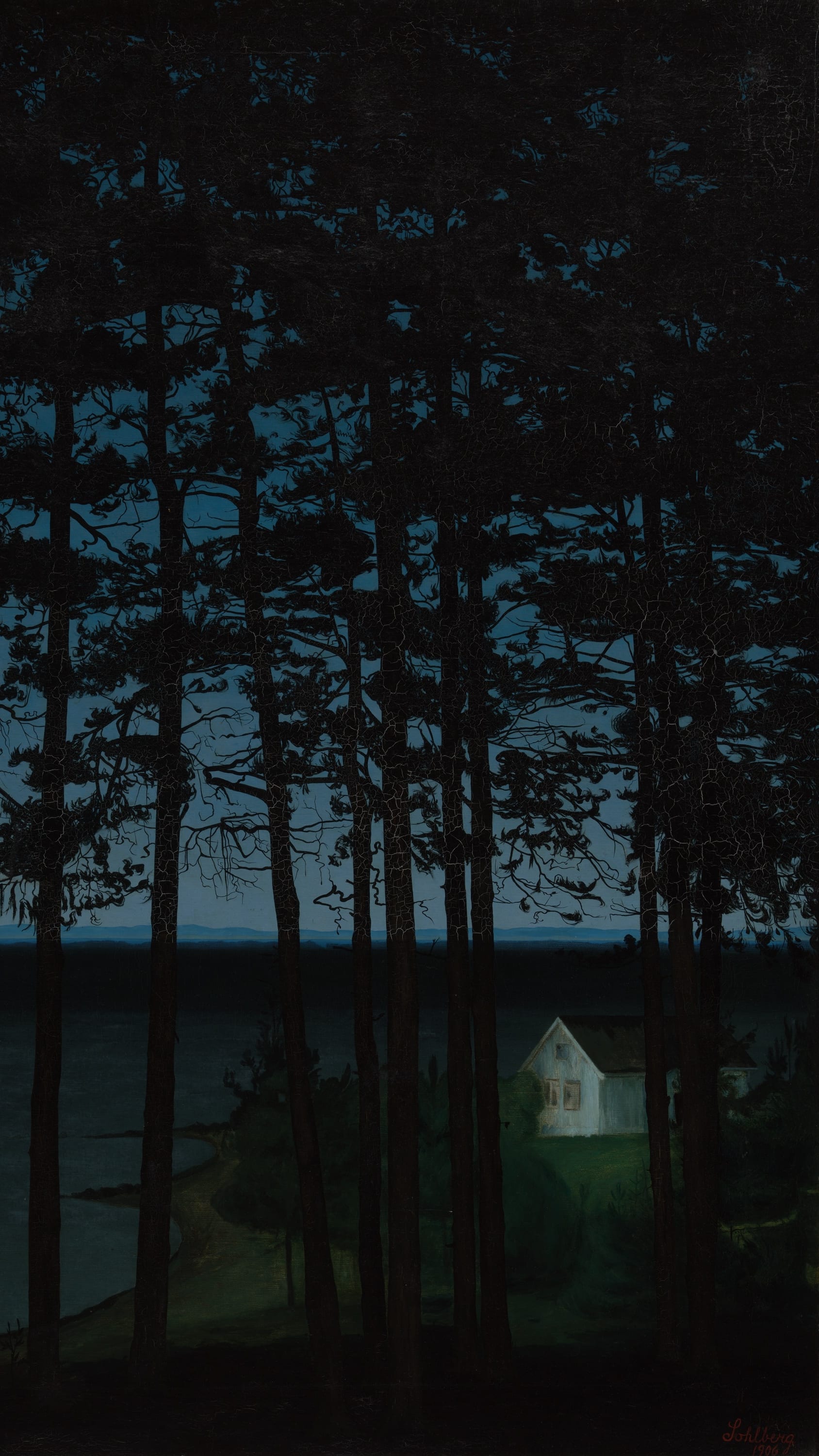 Dark moody vertical iPhone background from a painting: tall pine trunks in near-black silhouette against deep blue dusk, a still lake and low hills beyond, a pale path glowing at the foot of the trees and the small lit cottage that names the painting far off at the right edge