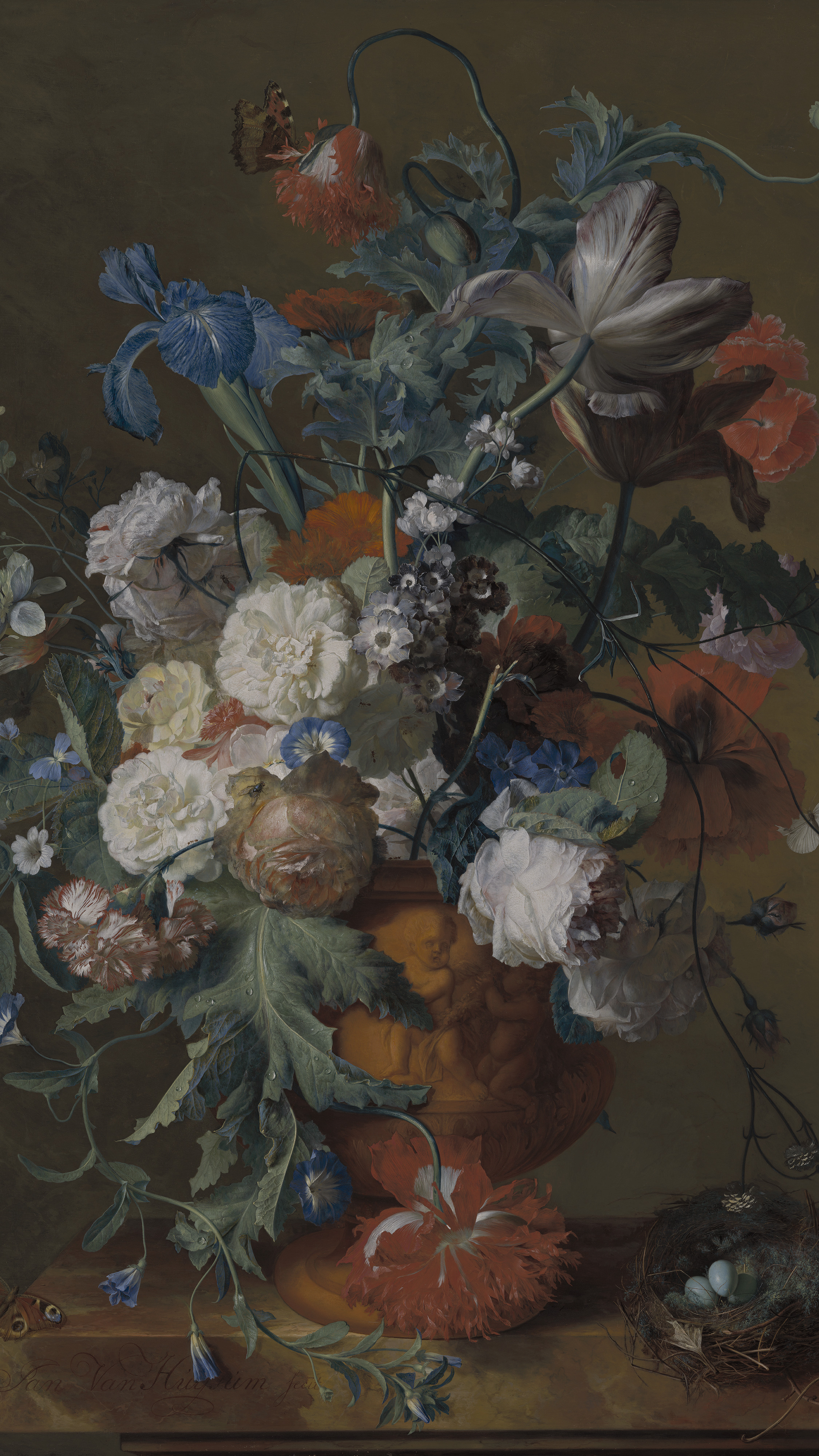 Dark academia vertical iPhone background from a painting: flowers spilling from an orange stone urn, white roses, poppies and a striped tulip against a dark olive ground