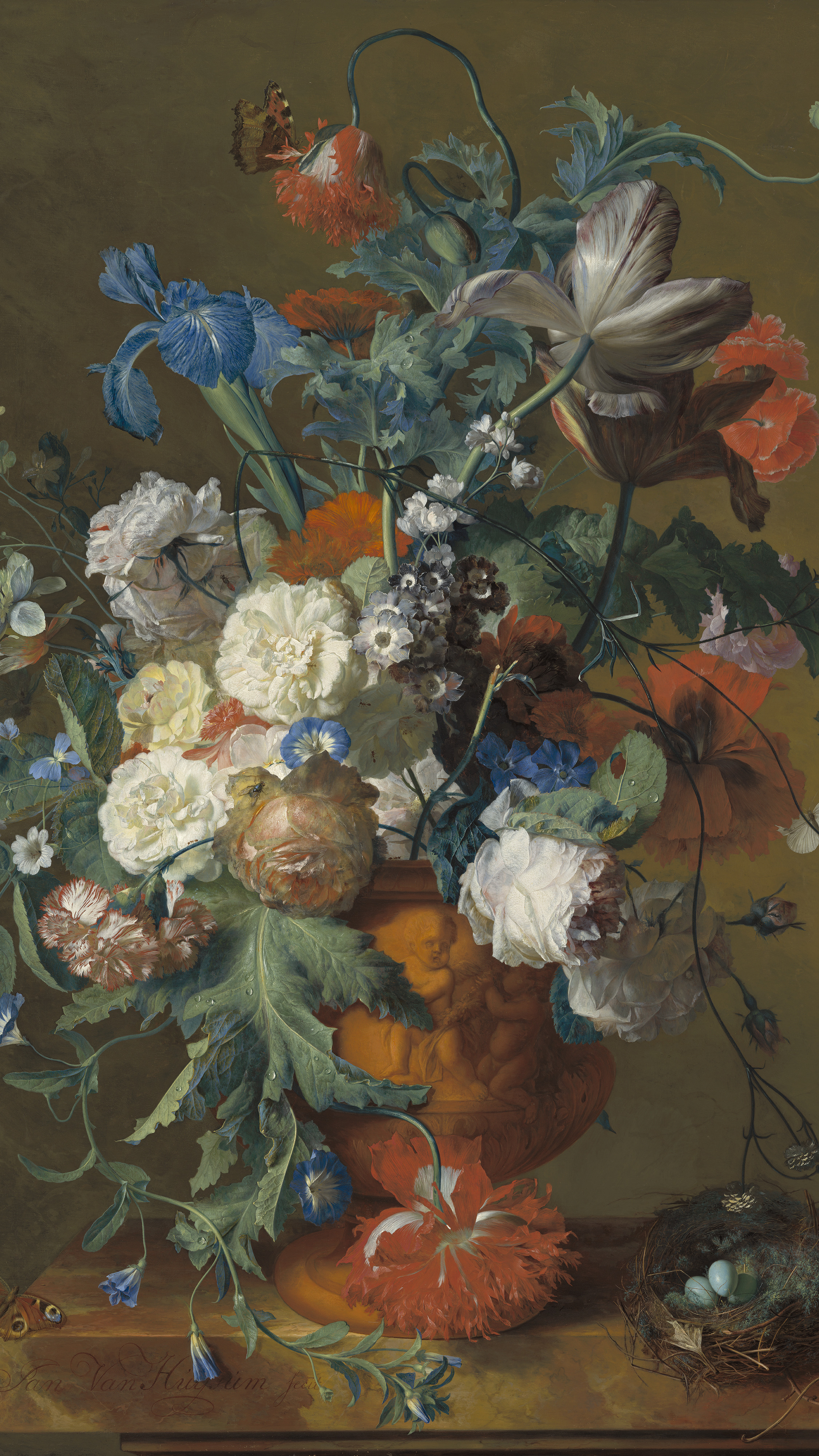 Dark academia vertical iPhone background from a painting: flowers spilling from an orange stone urn, white roses, poppies and a striped tulip against a dark olive ground
