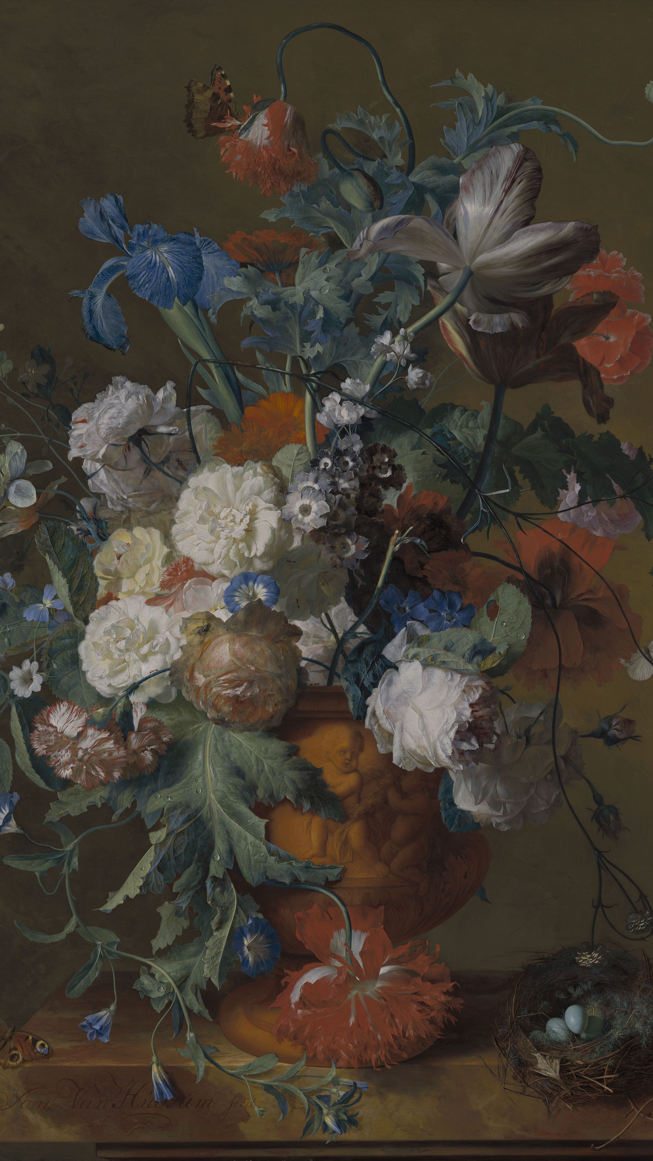 Dark academia vertical iPhone background from a painting: flowers spilling from an orange stone urn, white roses, poppies and a striped tulip against a dark olive ground