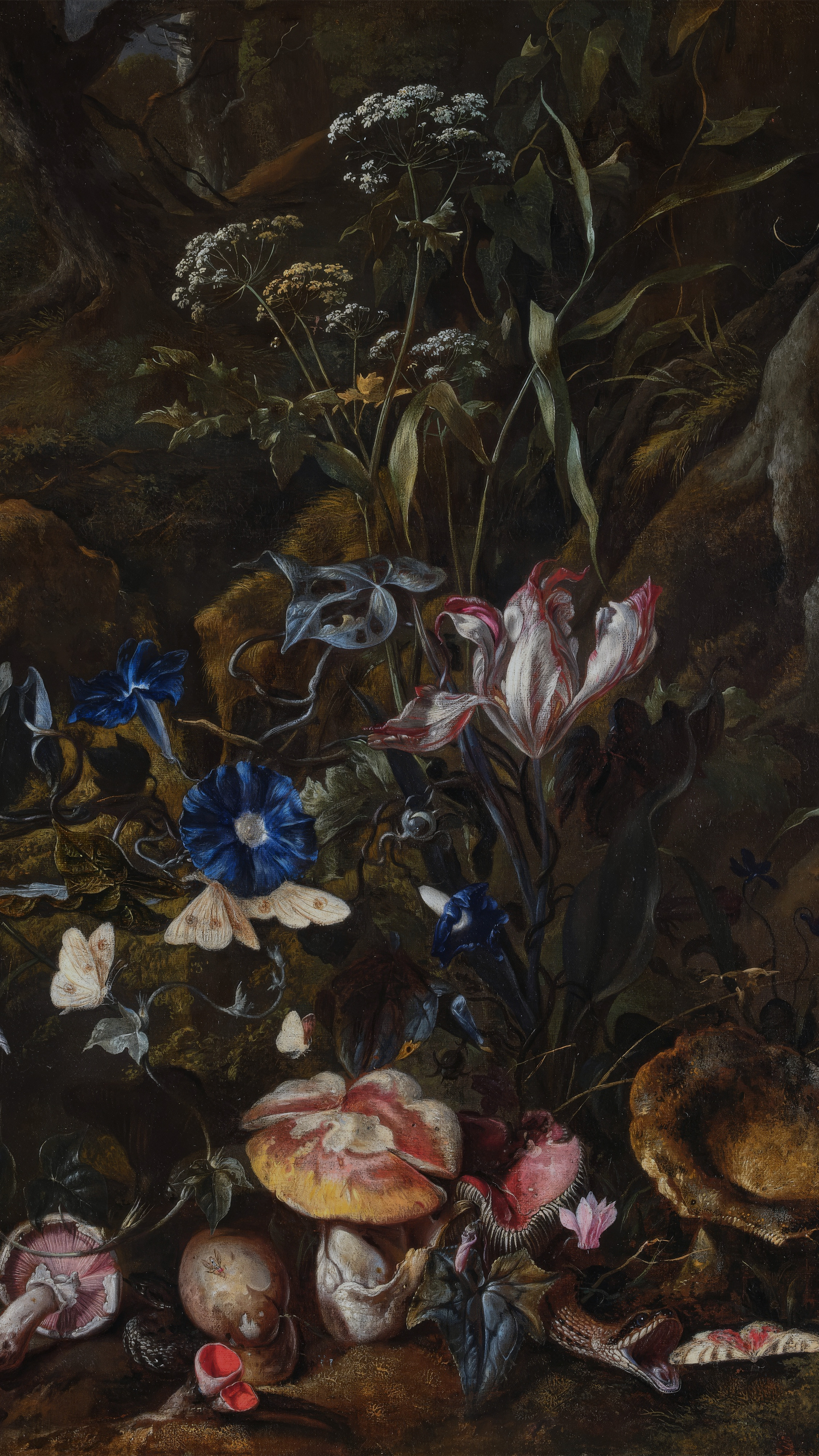Dark moody vertical iPhone background from a painting: white cow parsley, a blue morning glory and a red-streaked tulip against near-black undergrowth, pale moths in flight, and mushrooms, a snail and a lizard on the ground below